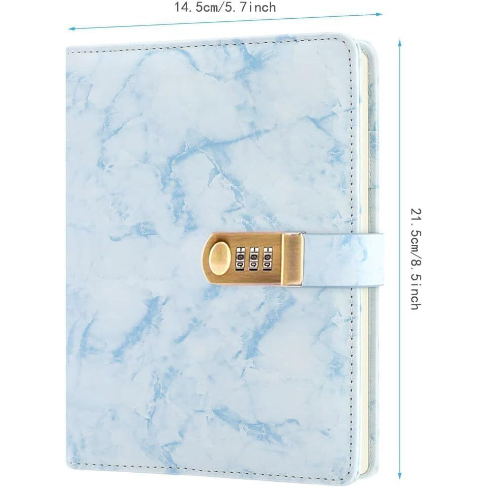 AccuPrints PU Leather 2024 Notebook Diary with Lock, Size 6 by 8 inch or A5 with Combination Password Journal- Pages 200 undated Parent (Blue Marbel)
