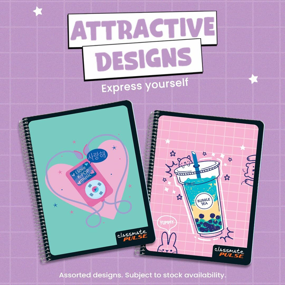 Classmate Pulse Single Subject Spiral Notebook - Pack of 1 | Single Line | 180 Pages | A4-29.7cm x 21.0cm | Attractive Cover Designs | Soft Cover | Notebooks for College Students