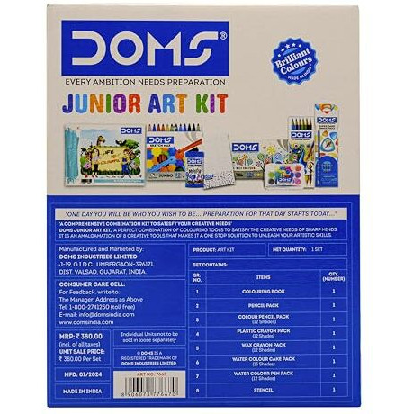 Doms Jonior Art Kit | Comes With Transparent Zipper Bag | Perfect Value Pack | Kit For School Essentials | Gifting Range For Kids | Combination of 8 Stationery Items