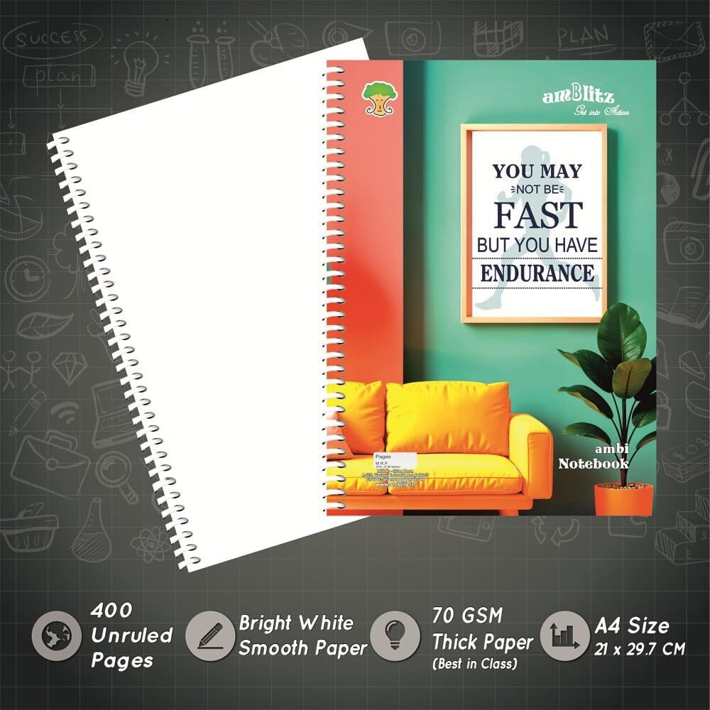 amblitz Spiral Notebook | Unruled | 400 Pages | 70GSM Thick Paper | Size A4 (21 X 29.7 CM) |