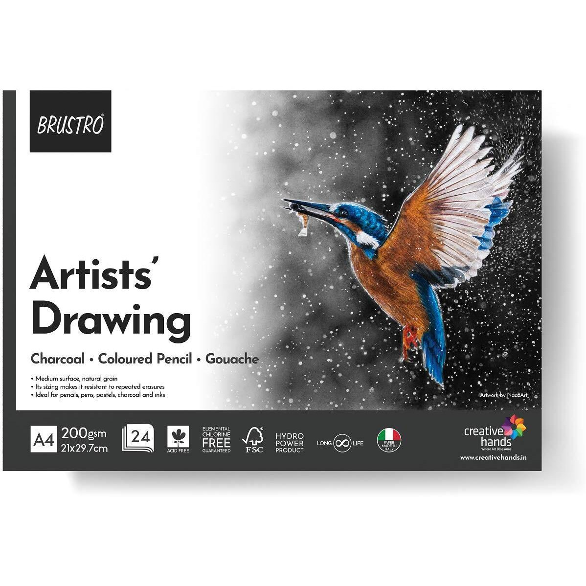 BRUSTRO Artist Drawing Glued Pad | 200 GSM, A4, 24 Sheets | Natural Grain, Medium Surface, Ideal for Charcoal, Coloured Pencils, Gouche, Pen, Pastels, Ink.