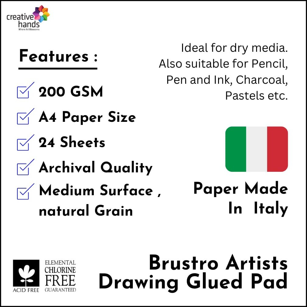 BRUSTRO Artist Drawing Glued Pad | 200 GSM, A4, 24 Sheets | Natural Grain, Medium Surface, Ideal for Charcoal, Coloured Pencils, Gouche, Pen, Pastels, Ink.