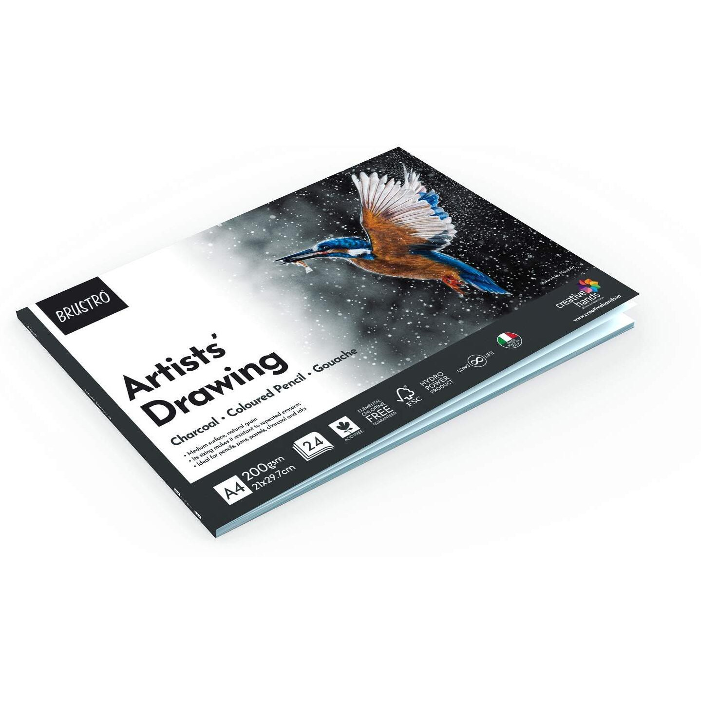 BRUSTRO Artist Drawing Glued Pad | 200 GSM, A4, 24 Sheets | Natural Grain, Medium Surface, Ideal for Charcoal, Coloured Pencils, Gouche, Pen, Pastels, Ink.