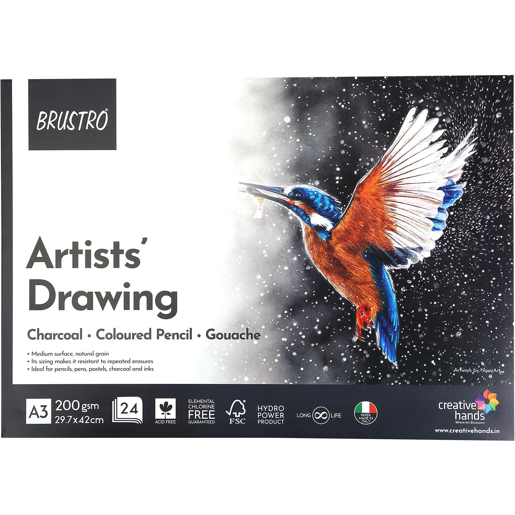 BRUSTRO Artist Drawing Glued Pad | 200 GSM, A3, 24 Sheets | Natural Grain, Medium Surface, Ideal for Charcoal, Coloured Pencils, Gouche, Pen, Pastels, Ink.
