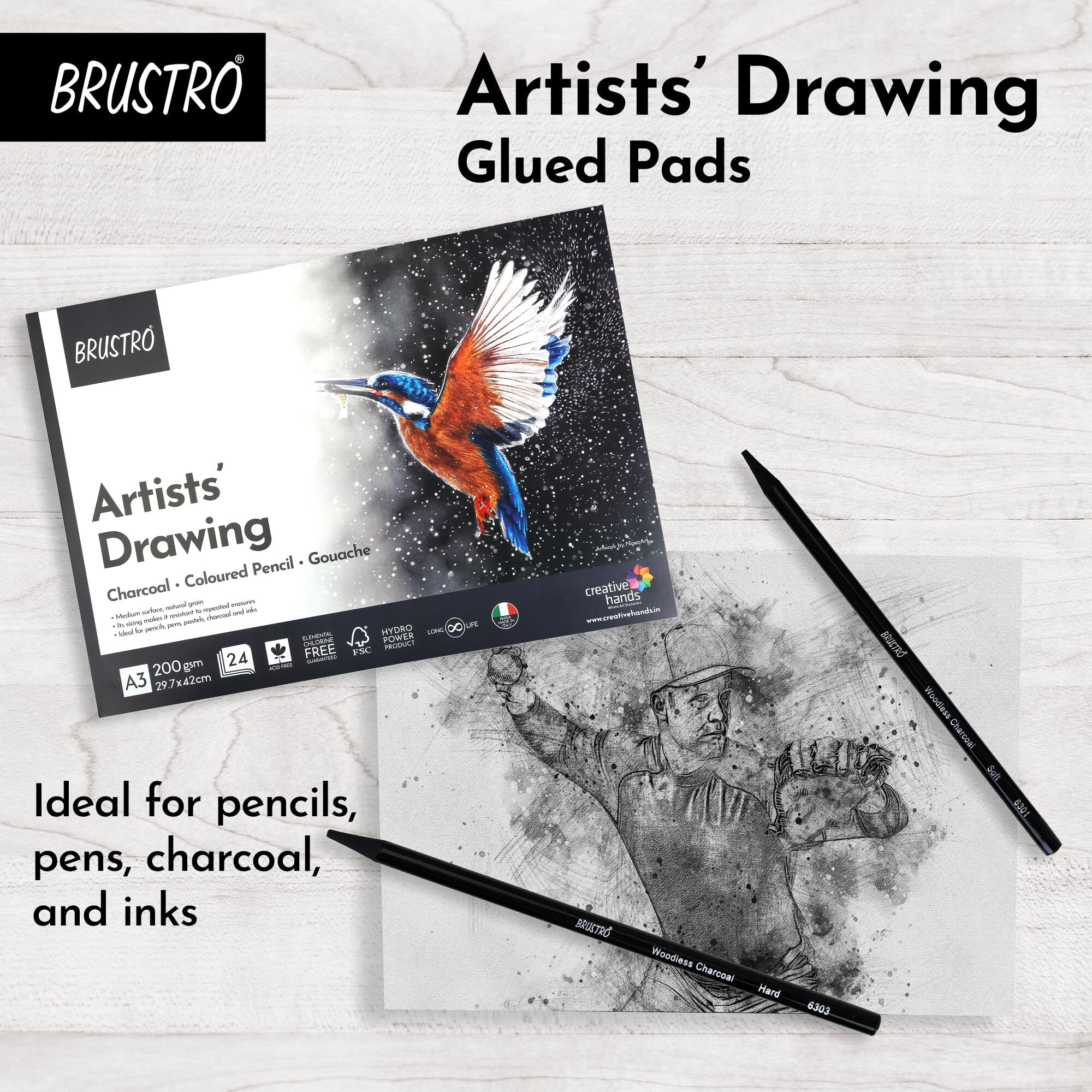 BRUSTRO Artist Drawing Glued Pad | 200 GSM, A3, 24 Sheets | Natural Grain, Medium Surface, Ideal for Charcoal, Coloured Pencils, Gouche, Pen, Pastels, Ink.