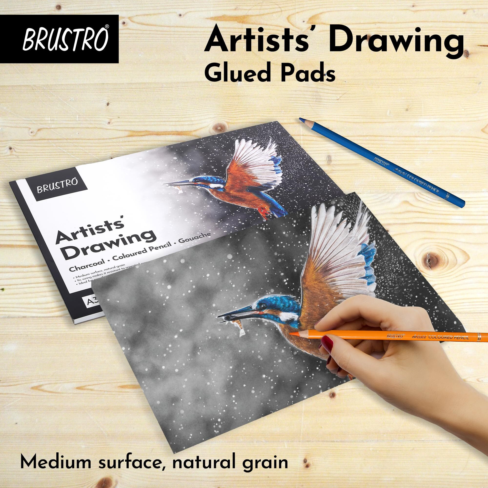 BRUSTRO Artist Drawing Glued Pad | 200 GSM, A3, 24 Sheets | Natural Grain, Medium Surface, Ideal for Charcoal, Coloured Pencils, Gouche, Pen, Pastels, Ink.