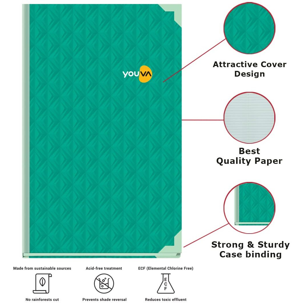 YOUVA Navneet Youva | My Notes Case Bound/Hard Cover Long Book | Foolscap Size - 21 Cm X 33 Cm | For Students, Shops And Office Use | Single Line | 4 Quire Register | 288 Pages | Pack Of 1