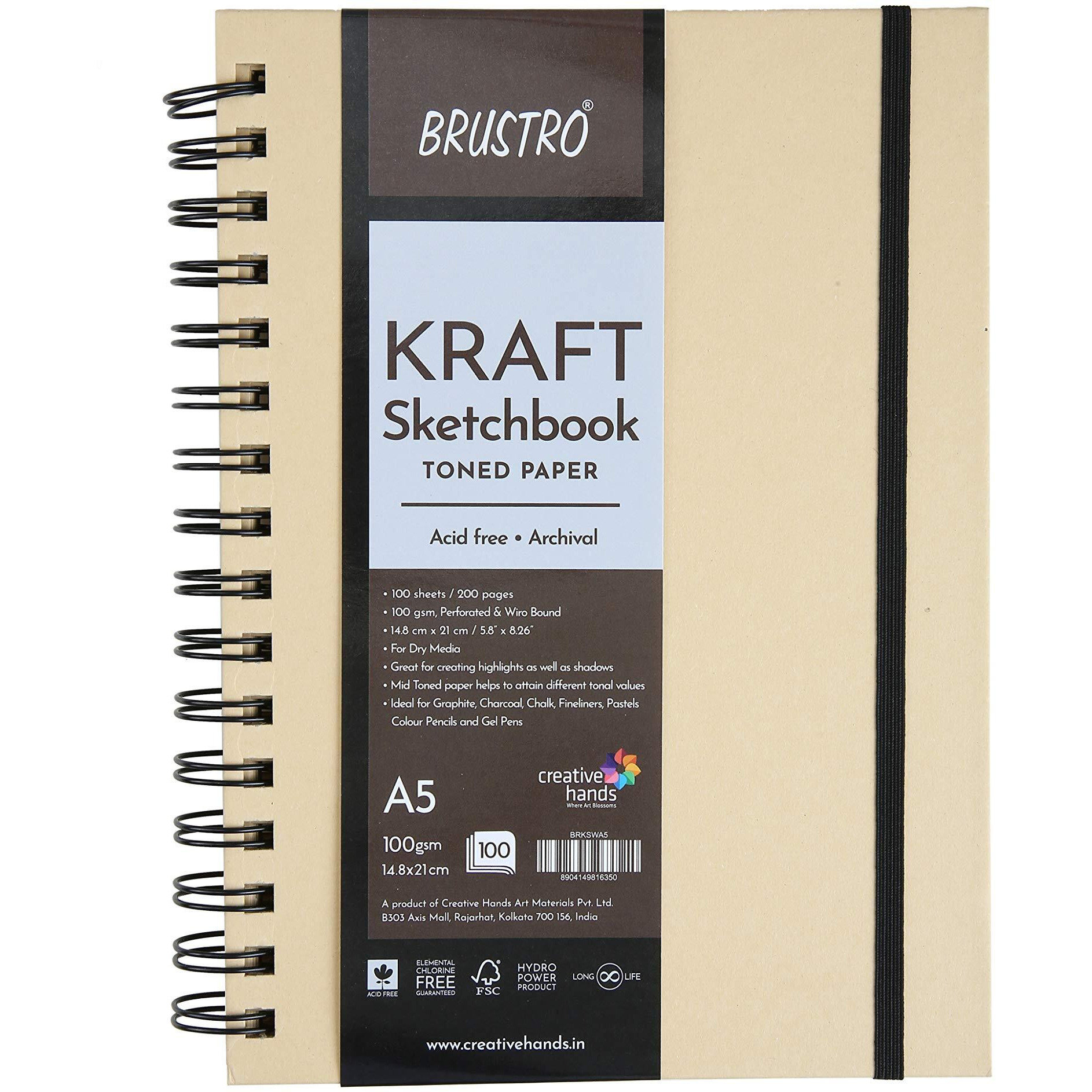 BRUSTRO Toned Paper - Kraft Sketchbook | A5, 100 GSM | 100 Sheets/200 Pages |Wiro Bound, Spiral, Premium,Acid-free Paper, Ideal for Dry media, Mandala Art, Graphite, Charcoal, Colour pencils, Gel pens