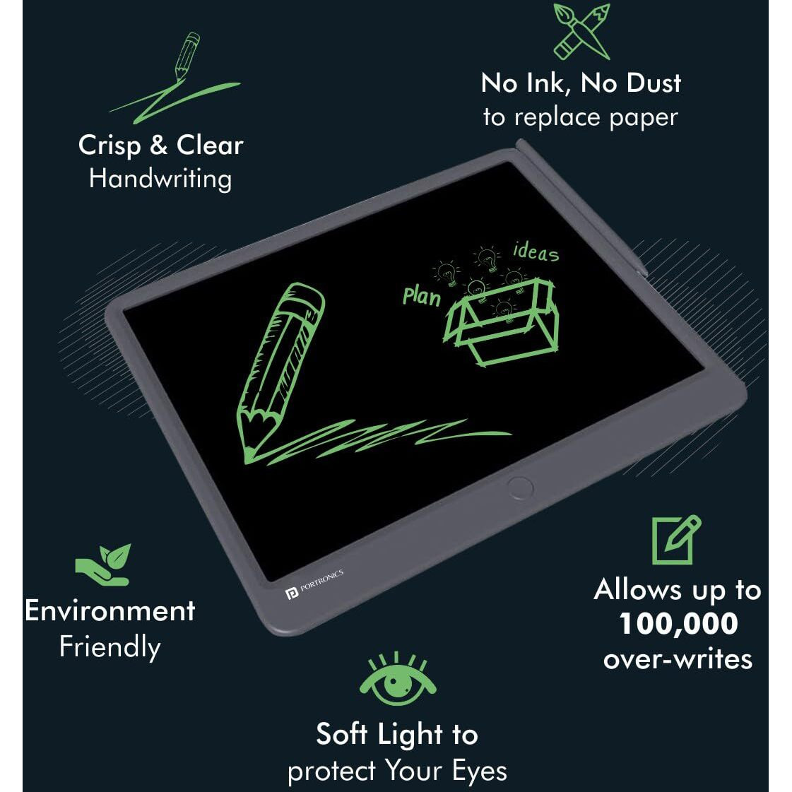 Portronics Ruffpad 15 Re-Writable LCD Screen 38.1cm (15-inch) Writing Pad for Drawing, Playing, Handwriting Gifts for Kids & Adults (Grey)