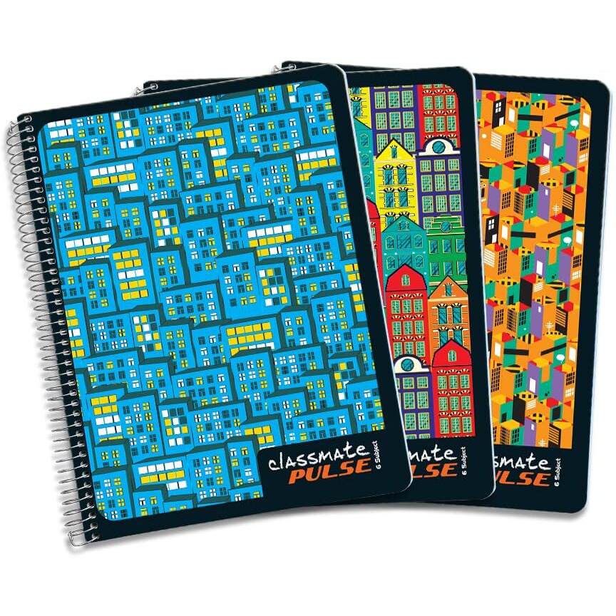 Classmate Pulse 6 Subject Spiral Notebook - Pack of 3 | Unruled | 300 Pages | 24.0cm x 18.0cm | Attractive Cover Designs | Soft Cover | Notebooks for College Students