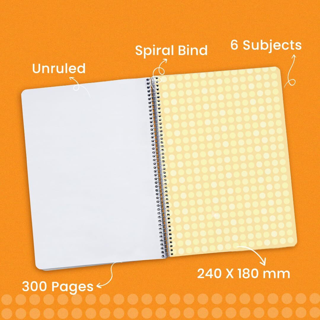 Classmate Pulse 6 Subject Spiral Notebook - Pack of 3 | Unruled | 300 Pages | 24.0cm x 18.0cm | Attractive Cover Designs | Soft Cover | Notebooks for College Students