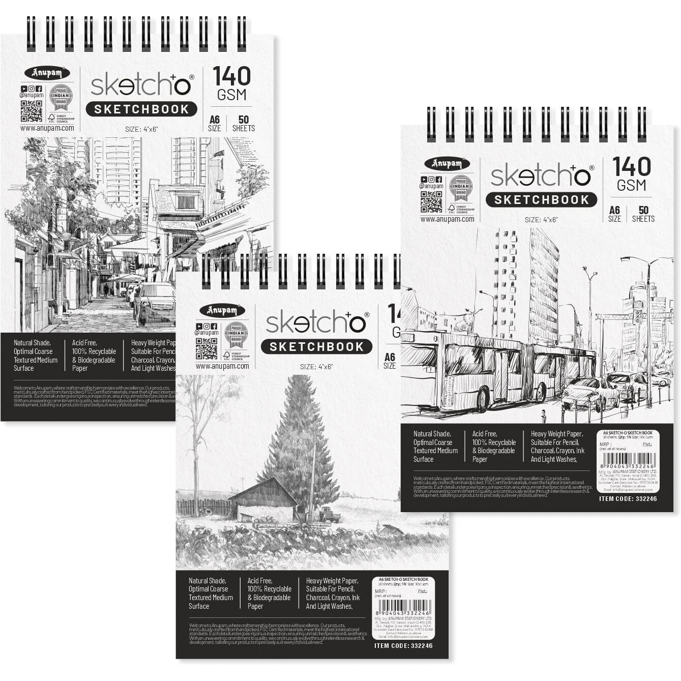 Anupam Sketcho Sketch Book A6 Acid Free Natural Shade 140 GSM Paper Wiro-Bound Sketchpad for Artists Students (50 Sheets, Set of 3), Acrylic