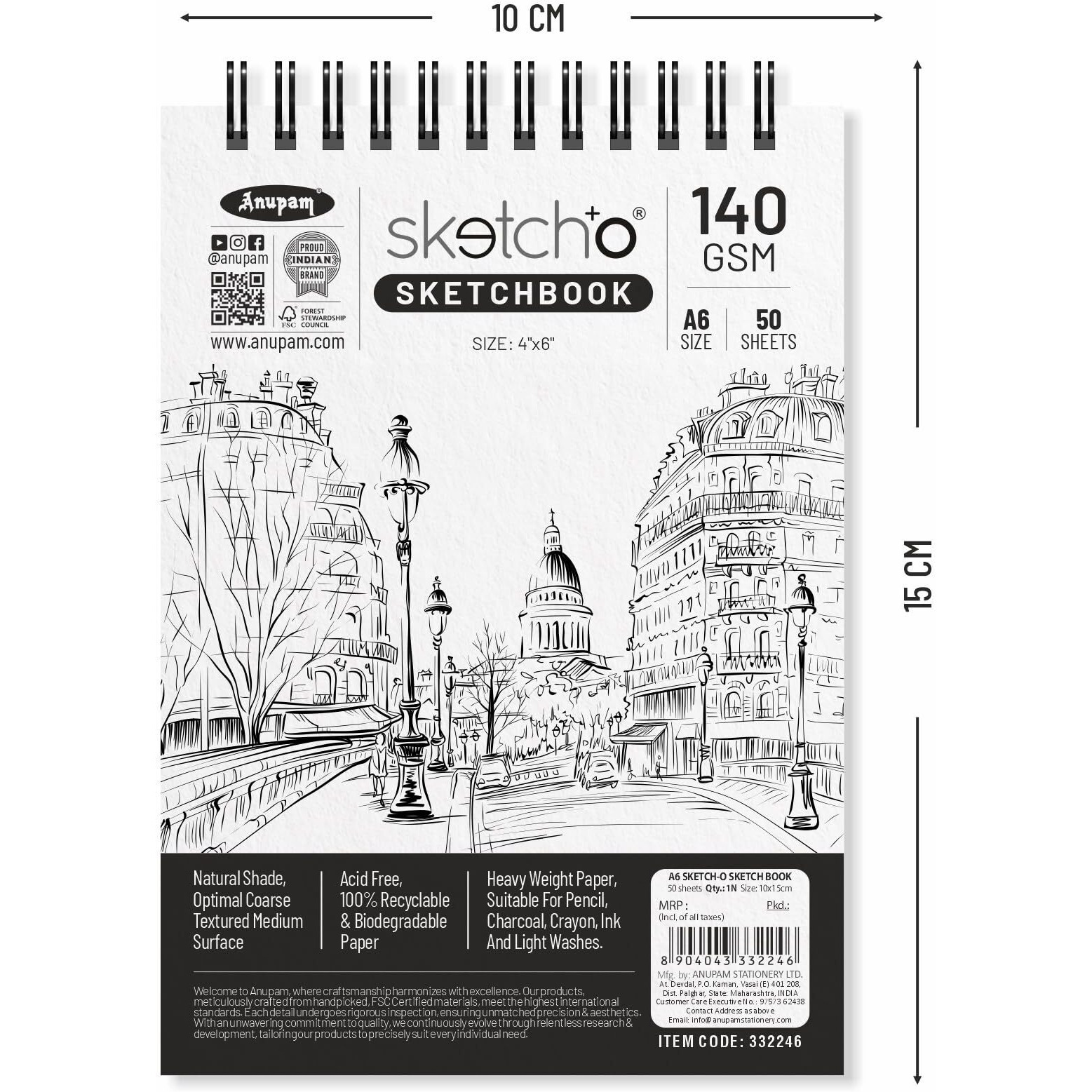 Anupam Sketcho Sketch Book A6 Acid Free Natural Shade 140 GSM Paper Wiro-Bound Sketchpad for Artists Students (50 Sheets, Set of 3), Acrylic