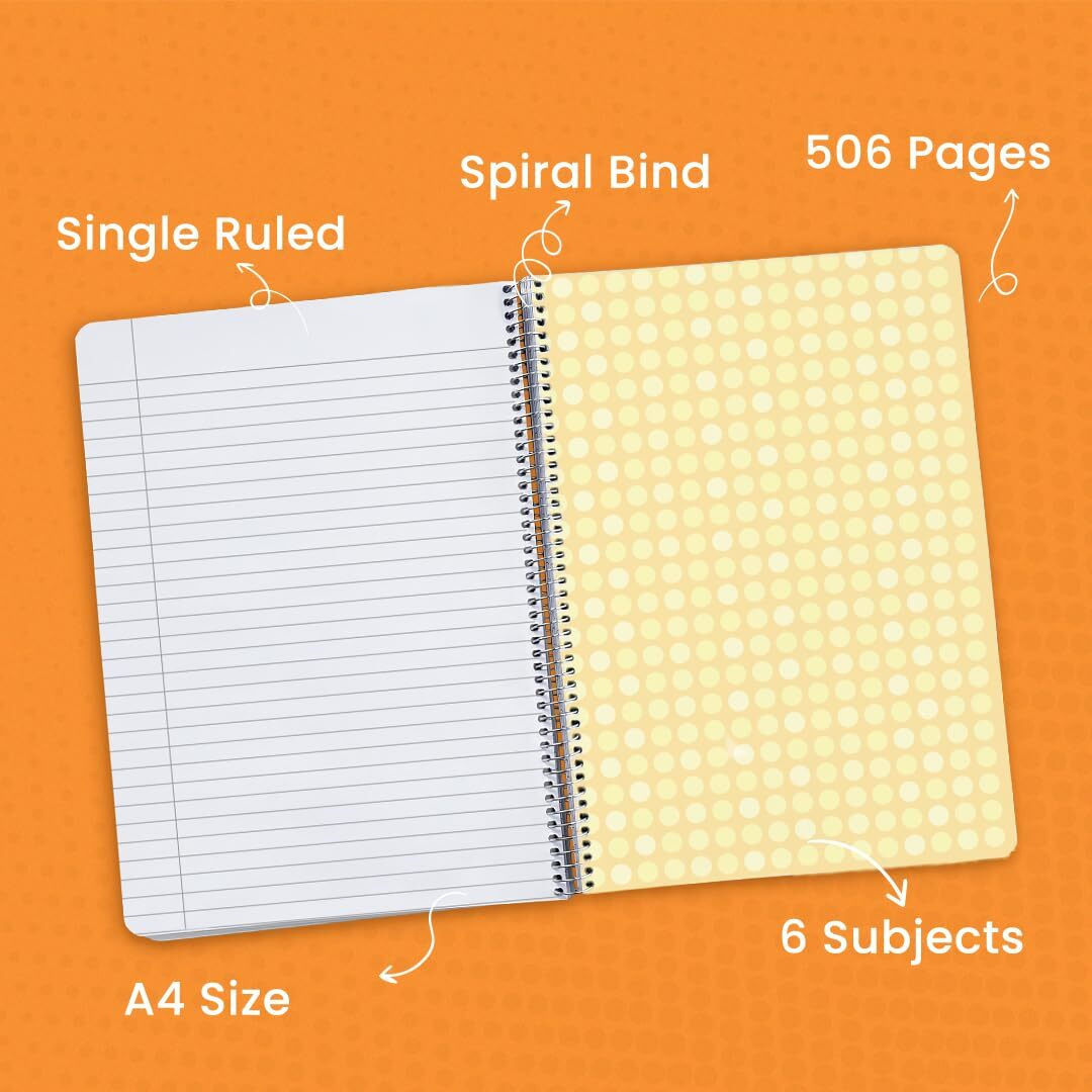 Classmate Pulse 6 Subject Spiral Notebook - Pack of 1 | Single Line | 500 Pages | A4-29.7cm x 21.0cm | Attractive Cover Designs | Soft Cover | Ideal for College Students and Professionals