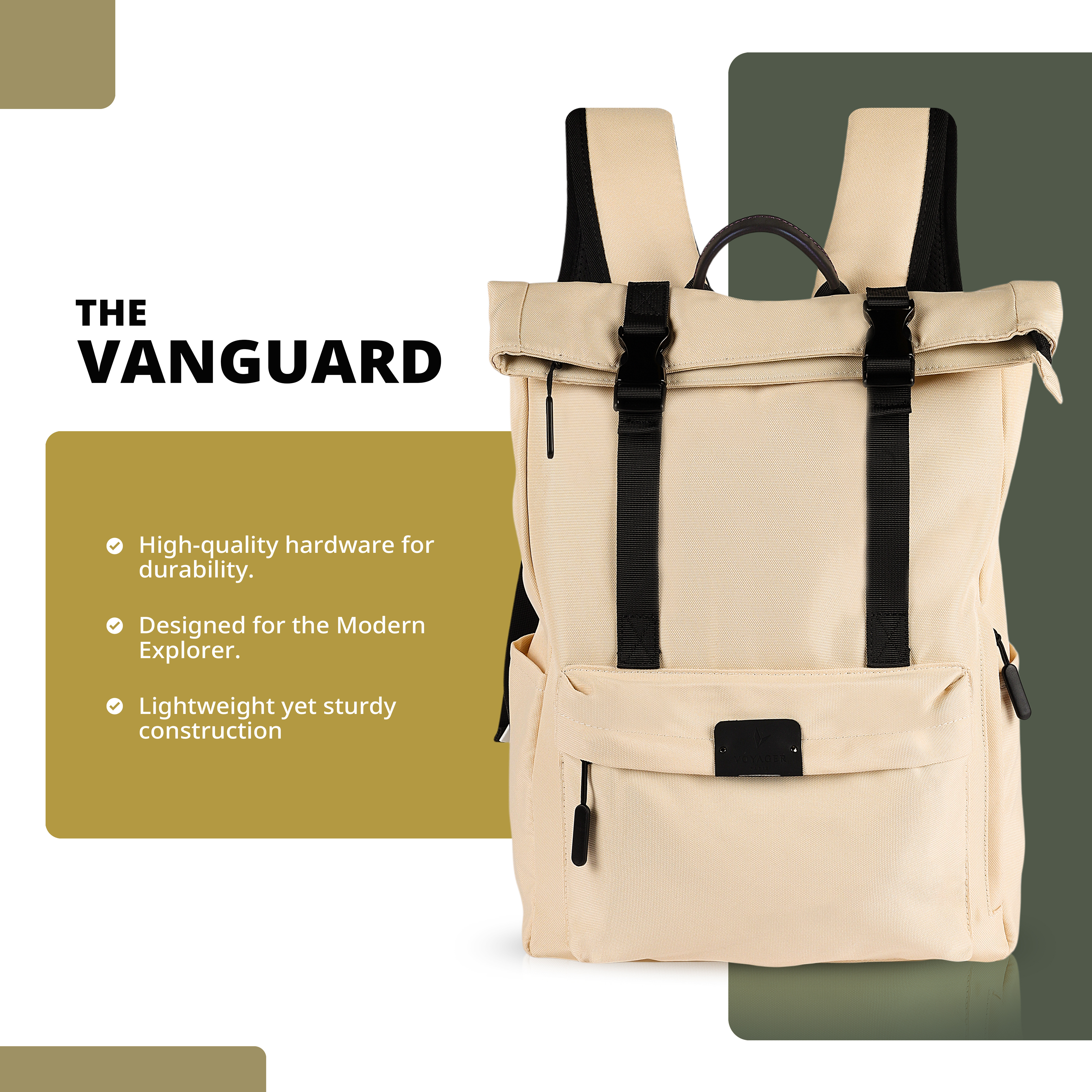 VOYAGER PARIS Vanguard Roll Top Laptop Backpack | Premium Polyester Fabric | Padded Laptop Compartment | Unisex Office & College Bag | Trolley Sleeve (Beige)
