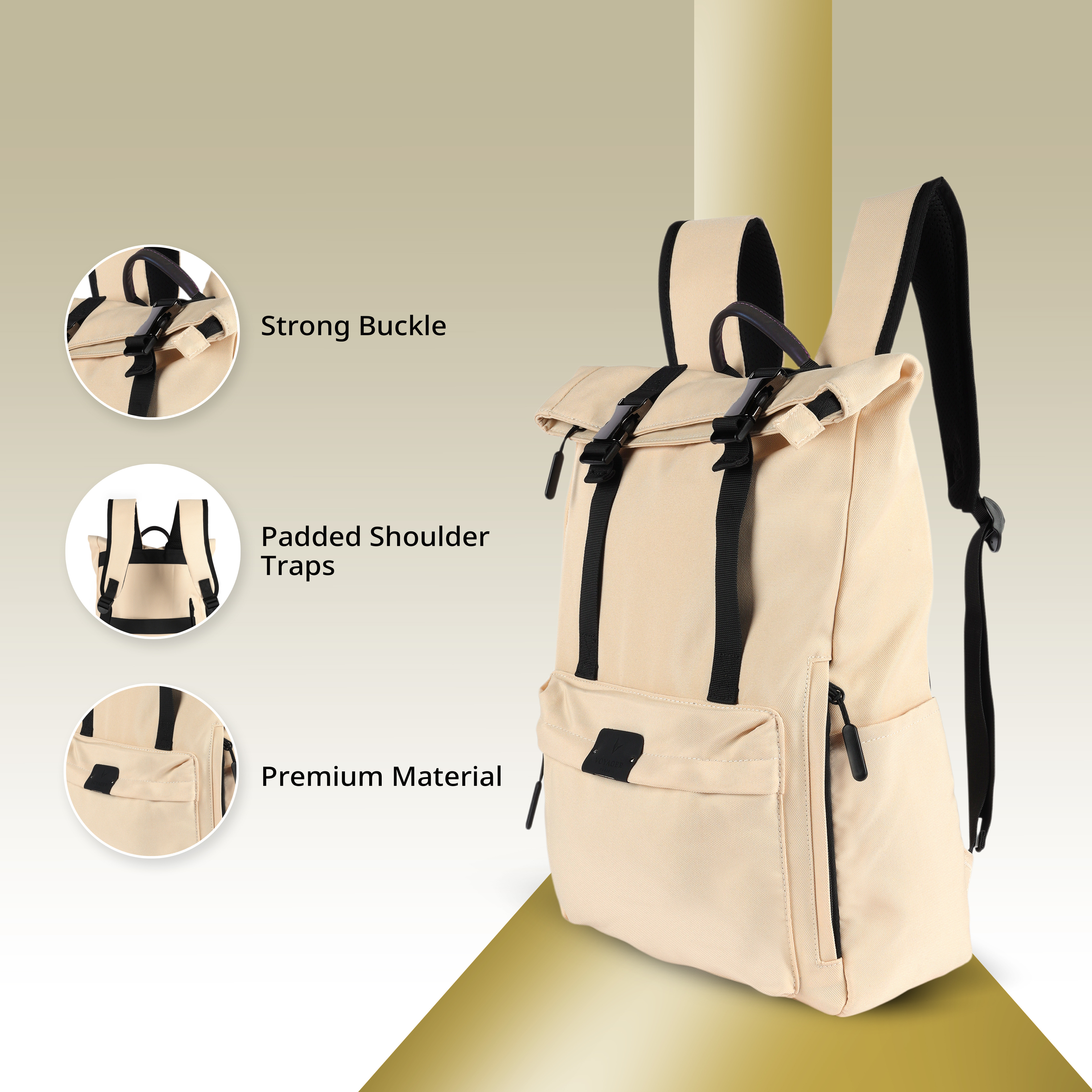 VOYAGER PARIS Vanguard Roll Top Laptop Backpack | Premium Polyester Fabric | Padded Laptop Compartment | Unisex Office & College Bag | Trolley Sleeve (Beige)