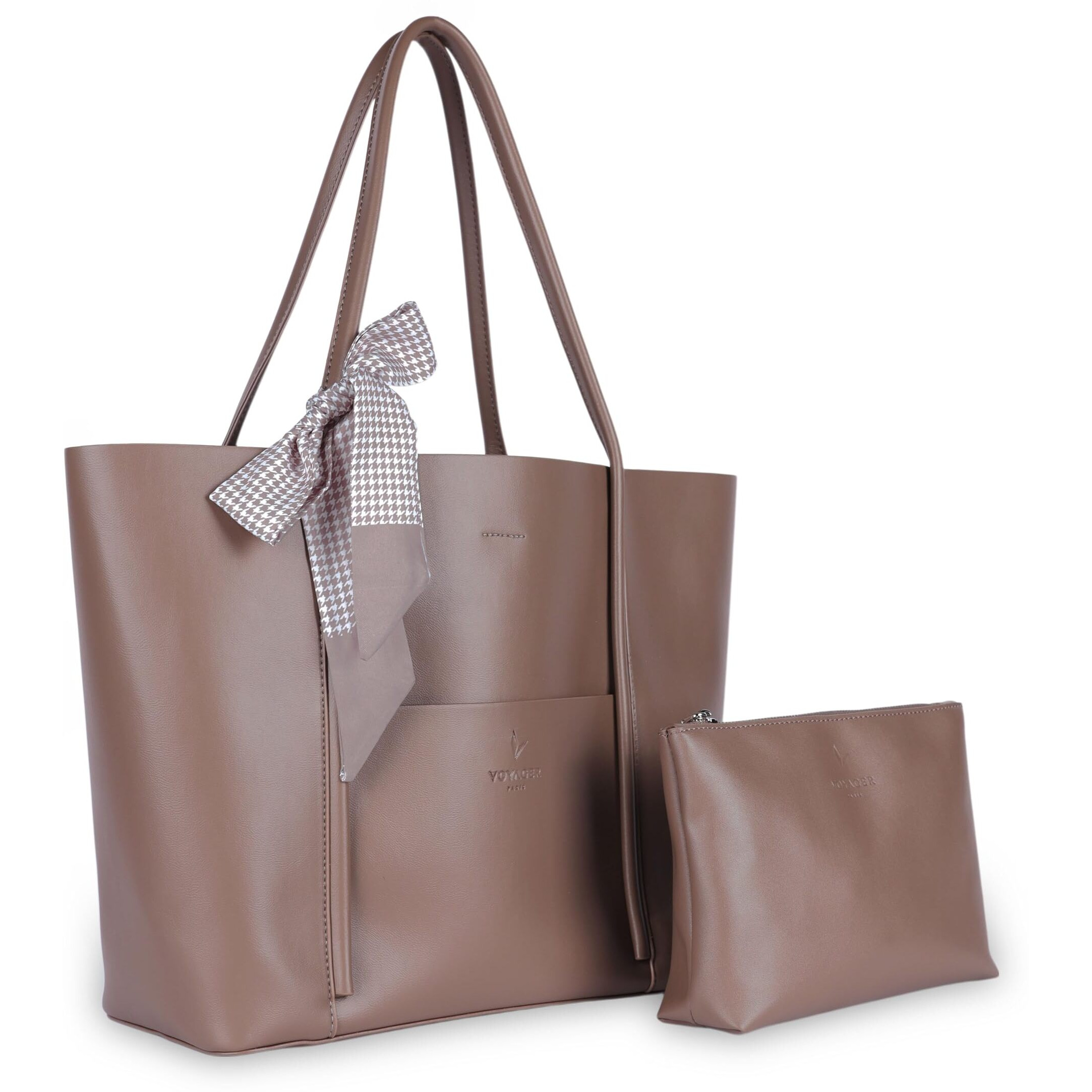 VOYAGER PARIS The Essential Office Tote bag for women | 15.6 inch laptop handbags for woman | Premium Vegan leather tote bag for Office Use, Work | ladies Bag | with small wallet clutch (Brown)