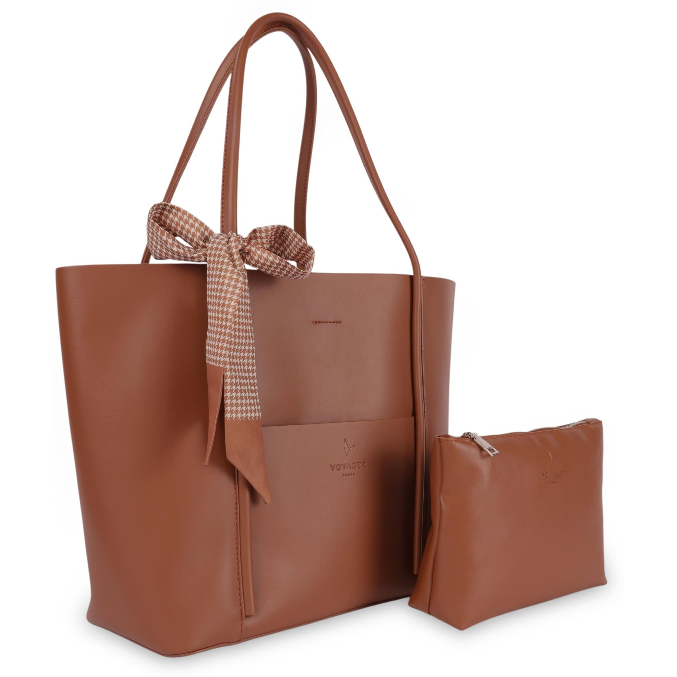 VOYAGER PARIS The Essential Office Tote bag for women | 15.6 inch laptop handbags for woman | Premium Vegan leather tote bag for Office Use, Work | ladies Bag | with small wallet clutch (Tan)