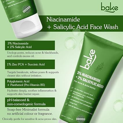Bake 2% Salicylic Acid & 3% Niacinamide Face Wash For Oily Acne Prone Skin | Treats Active Acne & Fades Acne Marks & Dark Spots | Daily Anti Acne Face Wash - 100Ml