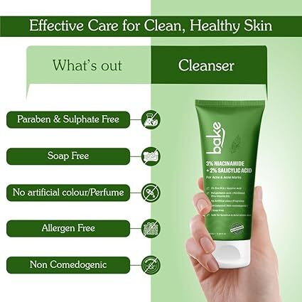 Bake 2% Salicylic Acid & 3% Niacinamide Face Wash For Oily Acne Prone Skin | Treats Active Acne & Fades Acne Marks & Dark Spots | Daily Anti Acne Face Wash - 100Ml