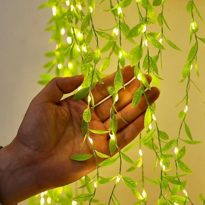 Flyngo Artificial Leaf Curtain Led String Light, 200 Leds, 8 Modes, Adjustable Brightness, Lights For Diwali Decoration, Home, Bedroom, Wedding, Party, Festive Decor (Warm White)