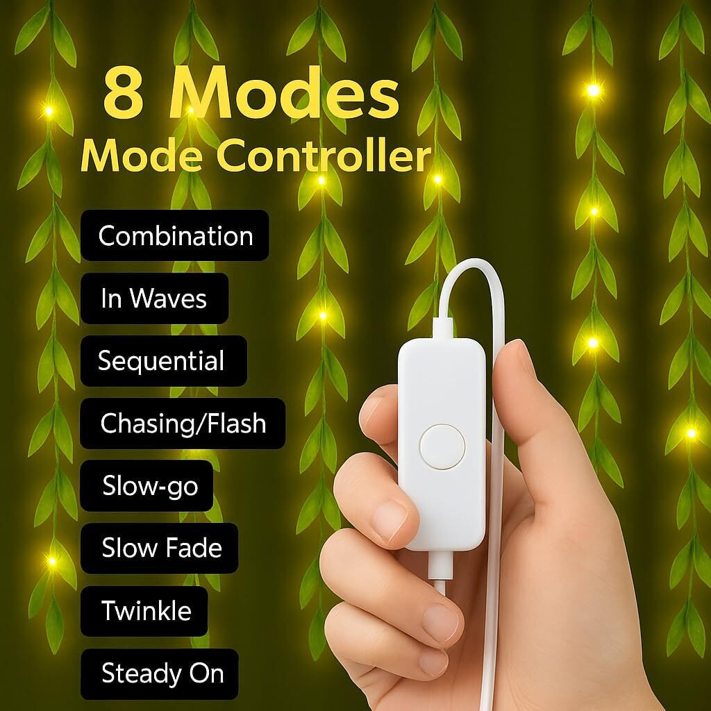 Flyngo Artificial Leaf Curtain Led String Light, 200 Leds, 8 Modes, Adjustable Brightness, Lights For Diwali Decoration, Home, Bedroom, Wedding, Party, Festive Decor (Warm White)