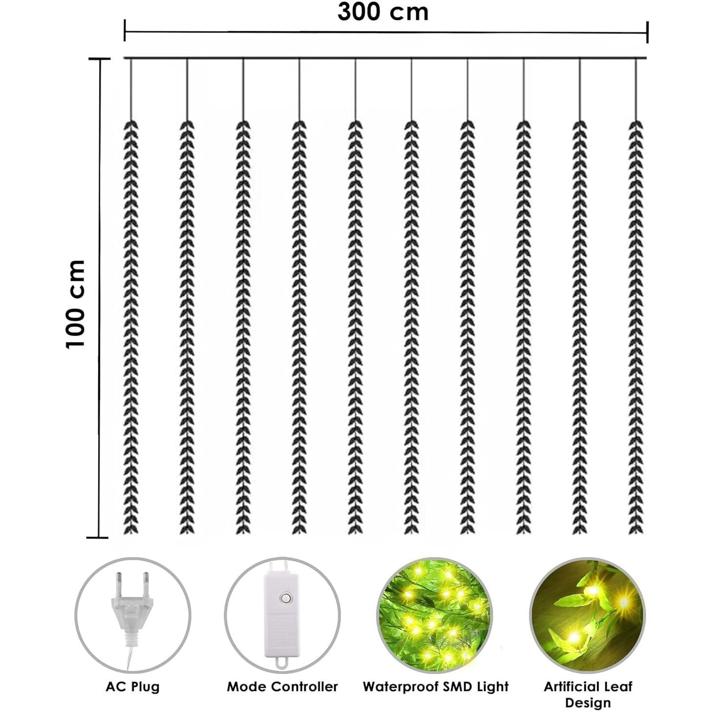 Flyngo Artificial Leaf Curtain Led String Light, 200 Leds, 8 Modes, Adjustable Brightness, Lights For Diwali Decoration, Home, Bedroom, Wedding, Party, Festive Decor (Warm White)