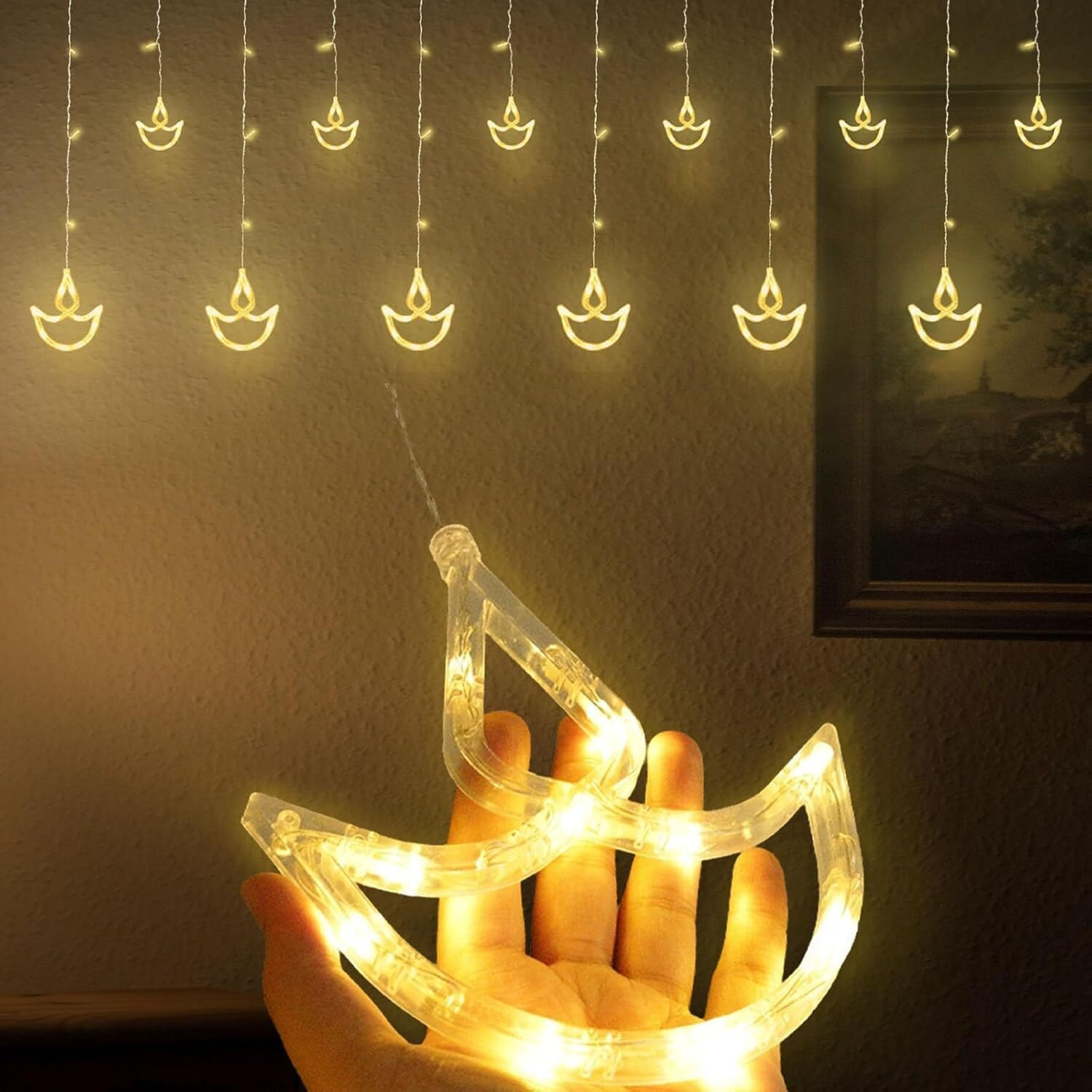 Flyngo 12 Diya Diwali Curtain String Led Lights For Decoration, Window Lights With 8 Flashing Modes, Home Decoration For Diwali, Wedding, Party, Christmas, Balcony - Warm White (12 Diya)
