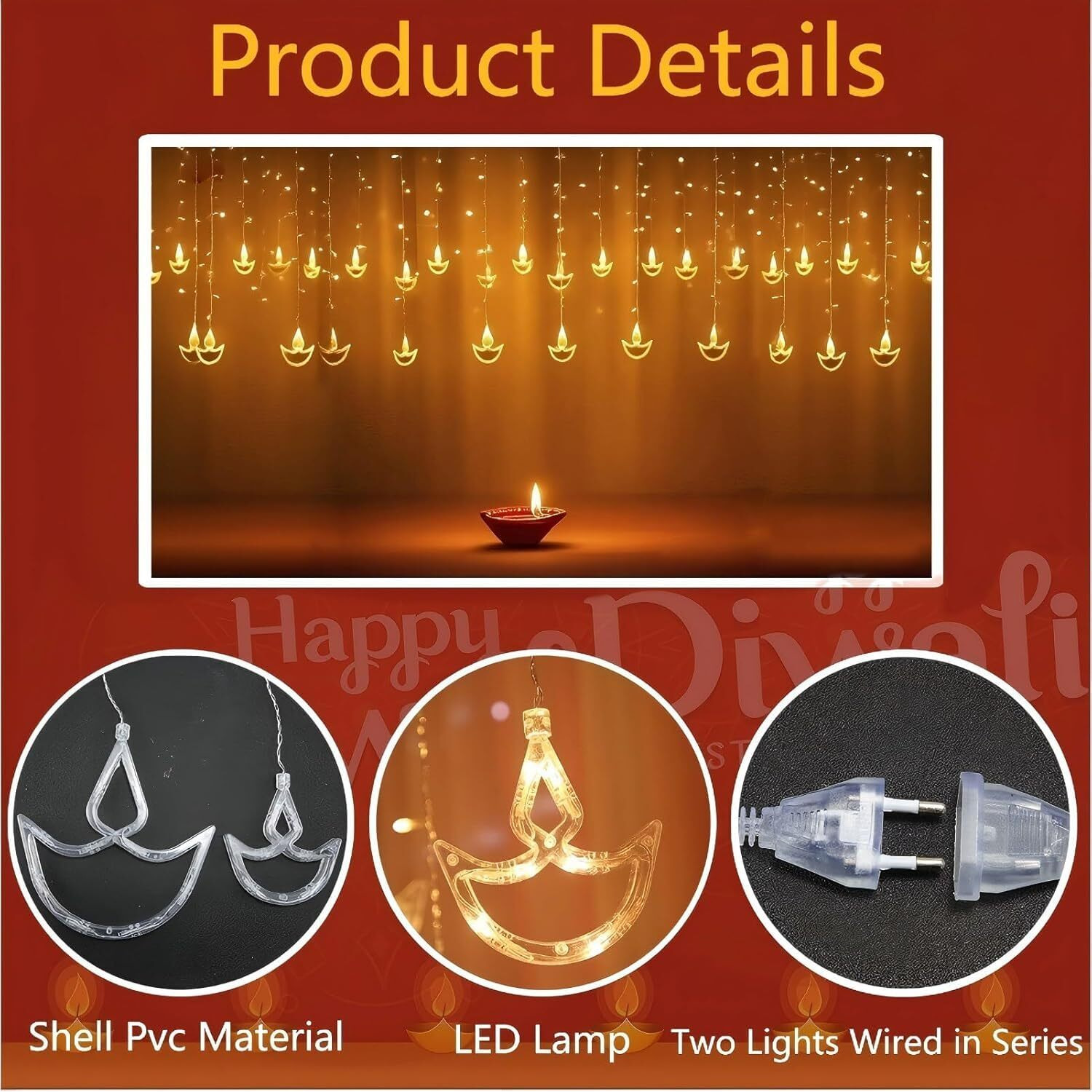 Flyngo 12 Diya Diwali Curtain String Led Lights For Decoration, Window Lights With 8 Flashing Modes, Home Decoration For Diwali, Wedding, Party, Christmas, Balcony - Warm White (12 Diya)