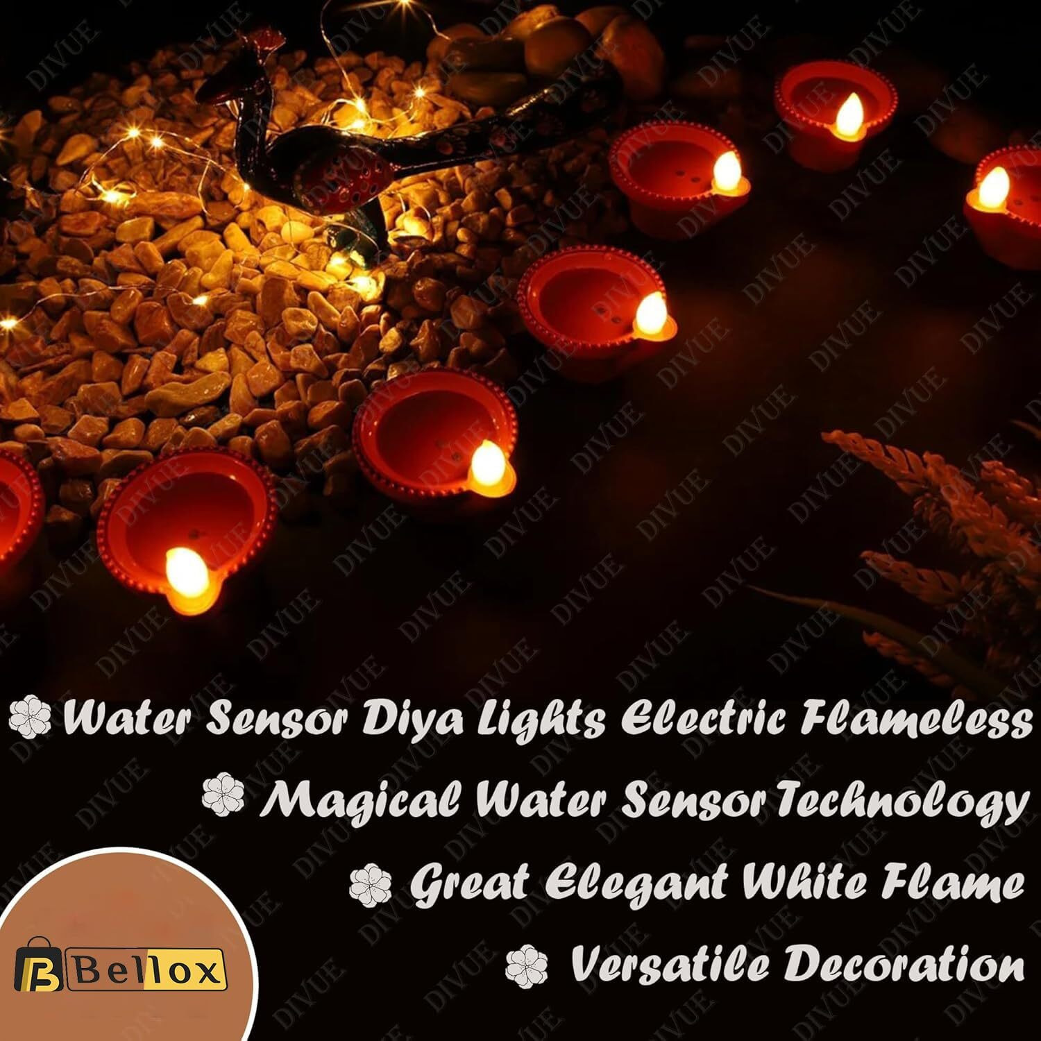 Bellox 12 Pcs Water Sensor Diya Lights Electric Flameless & Smokeless Led Diyas | Eco-Friendly Led Diyas Candle Warm Ambient Lights For Home Decor, Diwali Festivals Decoration, Christmas, New Year