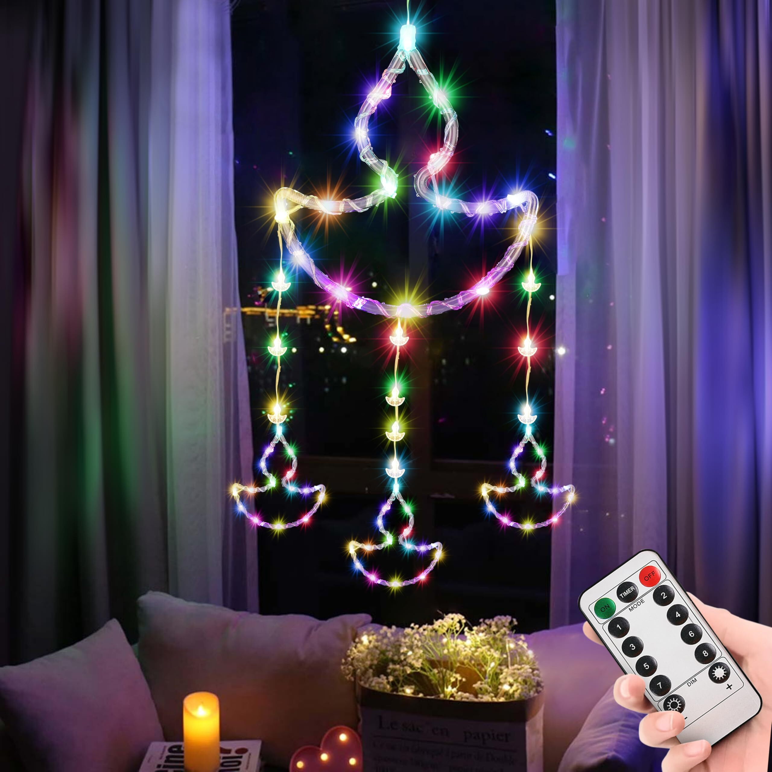 Gesto Hanging Diya Curtain Lights  1 Large, 3 Medium & 10 Small Diyas With 8 Lighting Modes & Remote | Decorative Diya Fairy Lights For Home, Balcony,Pooja Room,Mandir & Diwali Decoration(Multicolor)