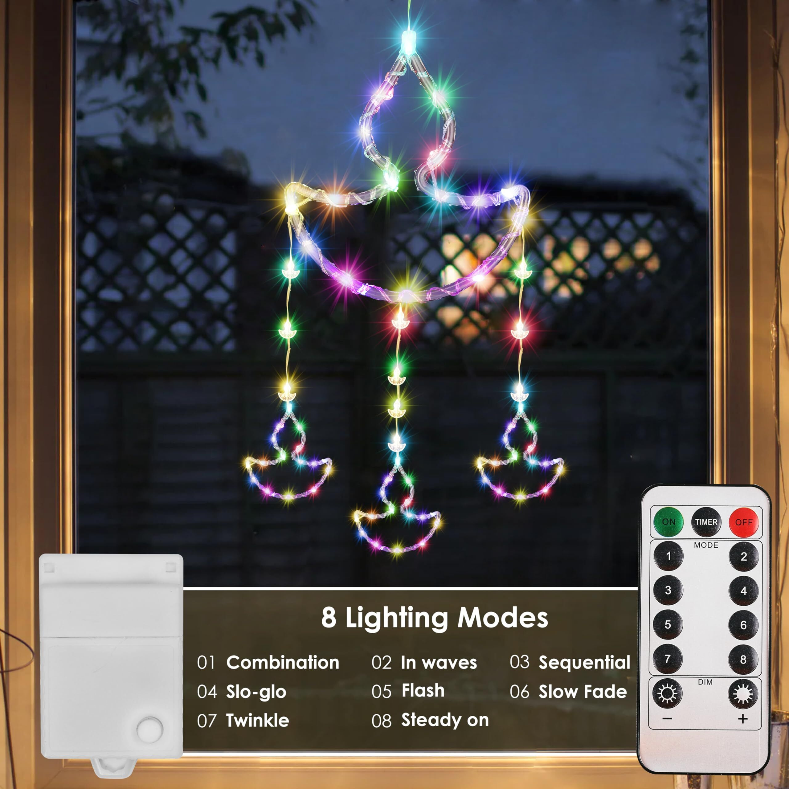 Gesto Hanging Diya Curtain Lights  1 Large, 3 Medium & 10 Small Diyas With 8 Lighting Modes & Remote | Decorative Diya Fairy Lights For Home, Balcony,Pooja Room,Mandir & Diwali Decoration(Multicolor)