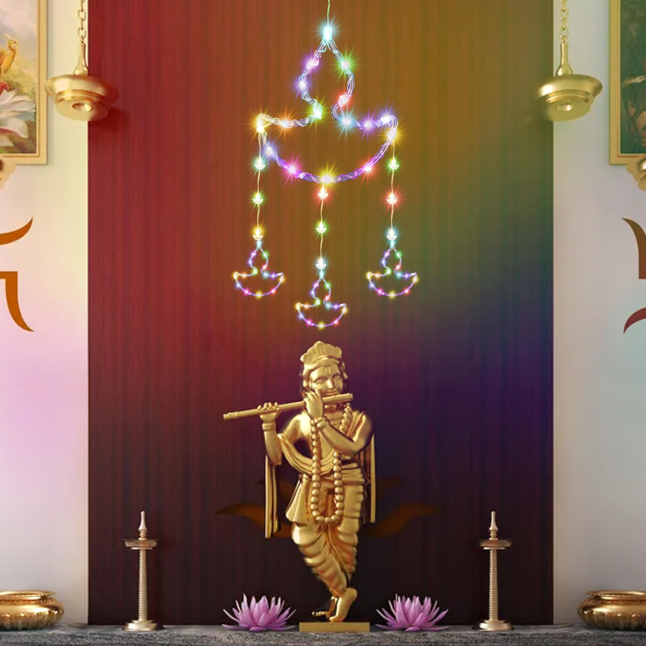 Gesto Hanging Diya Curtain Lights  1 Large, 3 Medium & 10 Small Diyas With 8 Lighting Modes & Remote | Decorative Diya Fairy Lights For Home, Balcony,Pooja Room,Mandir & Diwali Decoration(Multicolor)