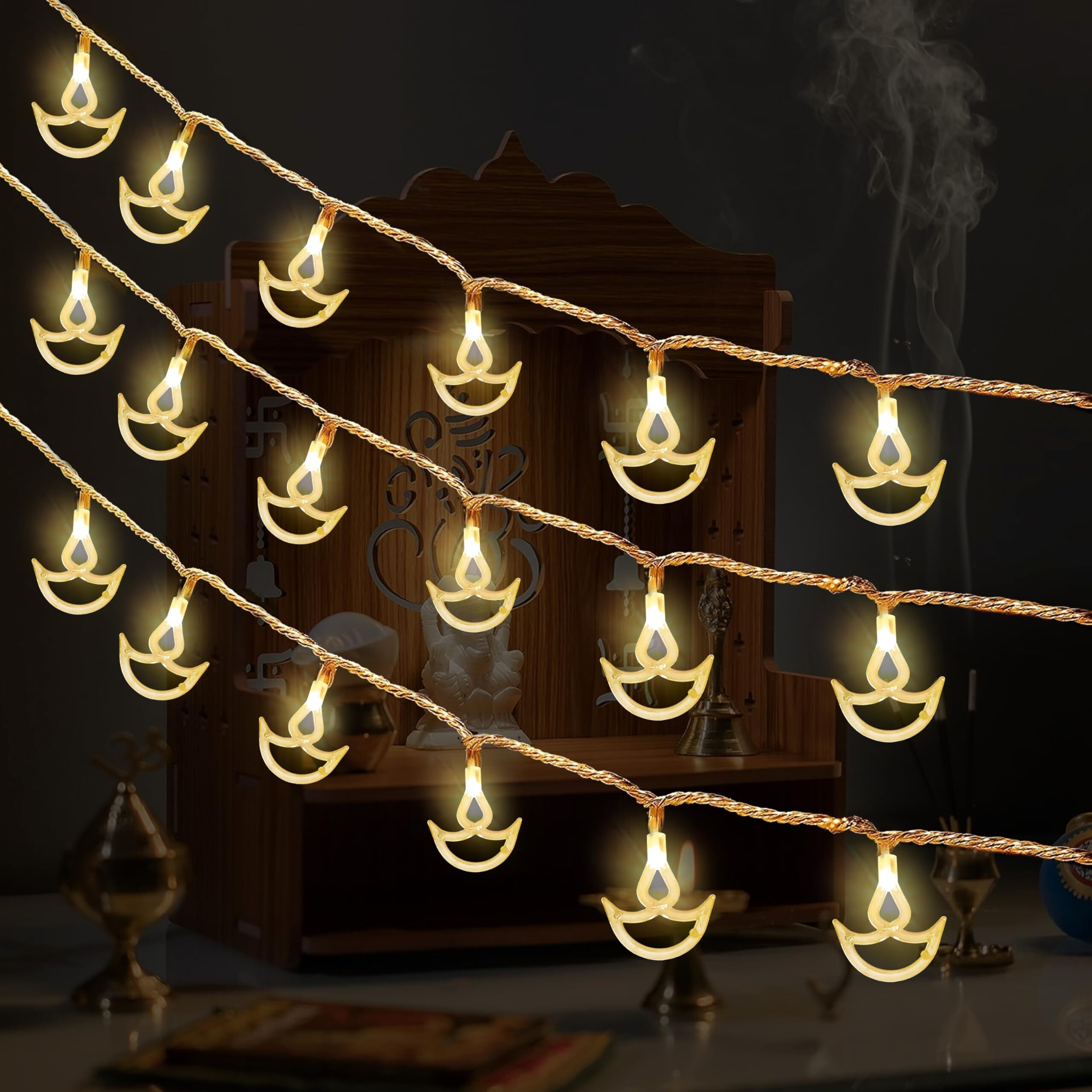 Gesto Copper Serial String Lights,14 Led Diwali Diya,10 Feet Warm White Fairy Lights For Home,Mandir,Pooja Room,Deepawali & Diwali Decoration,Christmas,Festival,Indoor & Outdoor Decorative Lights