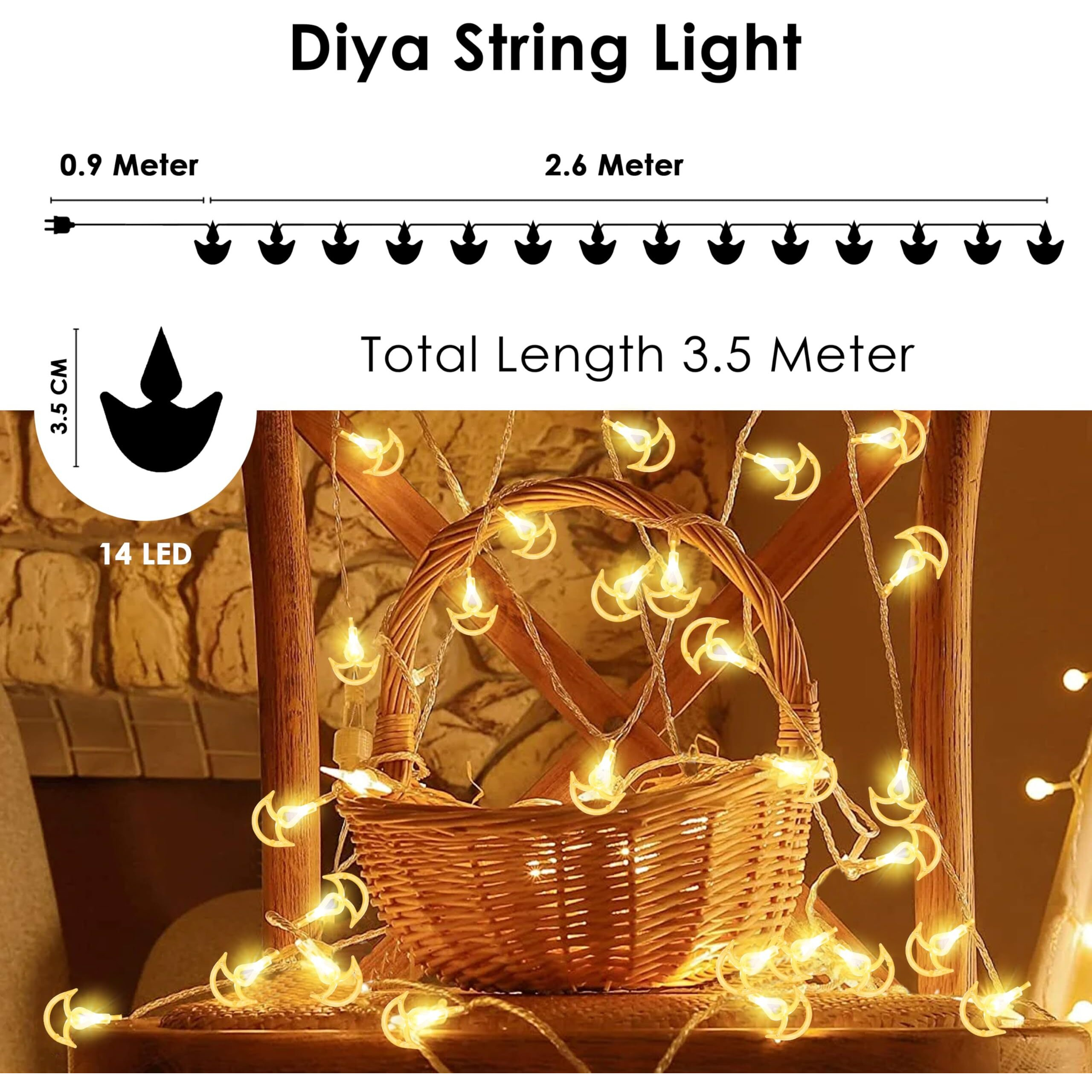 Gesto Copper Serial String Lights,14 Led Diwali Diya,10 Feet Warm White Fairy Lights For Home,Mandir,Pooja Room,Deepawali & Diwali Decoration,Christmas,Festival,Indoor & Outdoor Decorative Lights