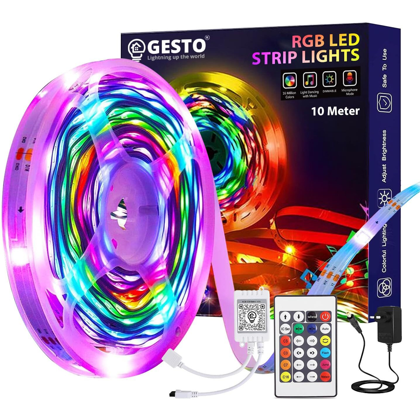 Gesto 10 Meter Led Strip Lights - 300 Led Rgb Strip Light With Adaptor | Operated With 16 Modes Remote Controller | Multicolor Led Lights For Home Decoration, Bedroom,Diwali Decoration & False Ceiling