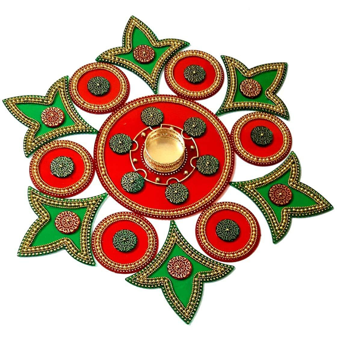 Moira  Plastic Reusable Rangoli With Diya, Red And Green, 15 Inch Diameter