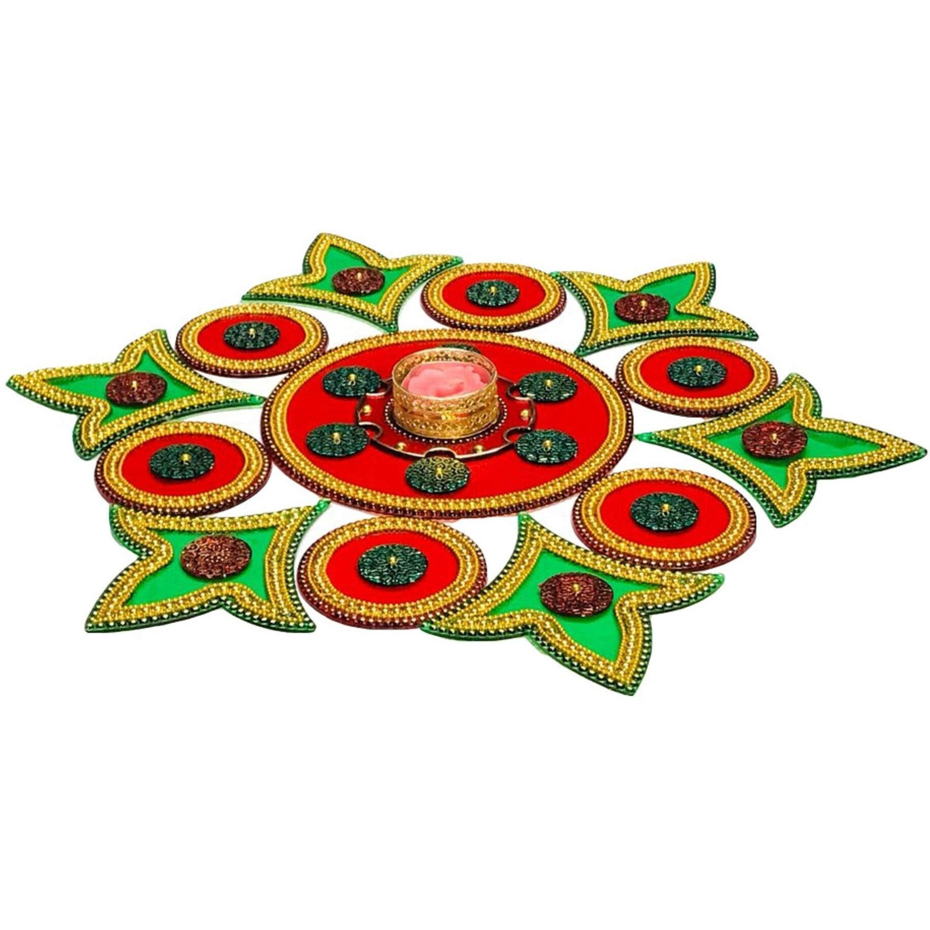 Moira  Plastic Reusable Rangoli With Diya, Red And Green, 15 Inch Diameter