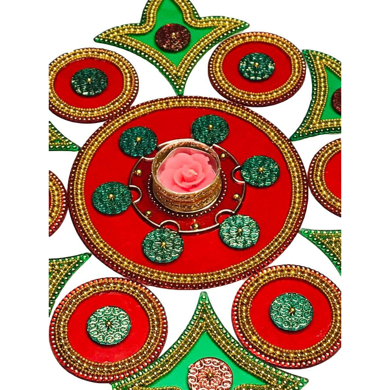 Moira  Plastic Reusable Rangoli With Diya, Red And Green, 15 Inch Diameter