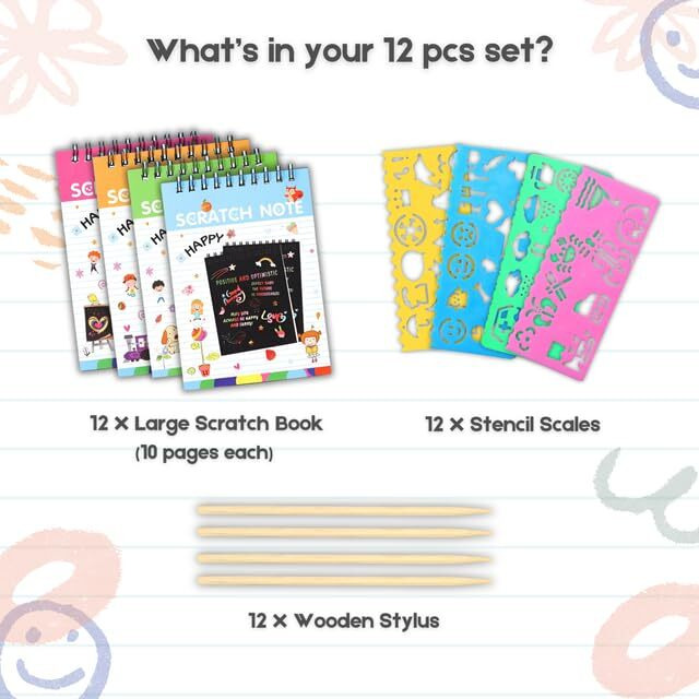 Finemoe Scratch Book With Stencil Scale For Kids, Bulk Return Gifts For Birthday, Magic Activity Kit, Thoughtful Return Gifts For Girls & Boys Ages 3 & Above, Art & Craft Kit For Kids (Large12 Set)
