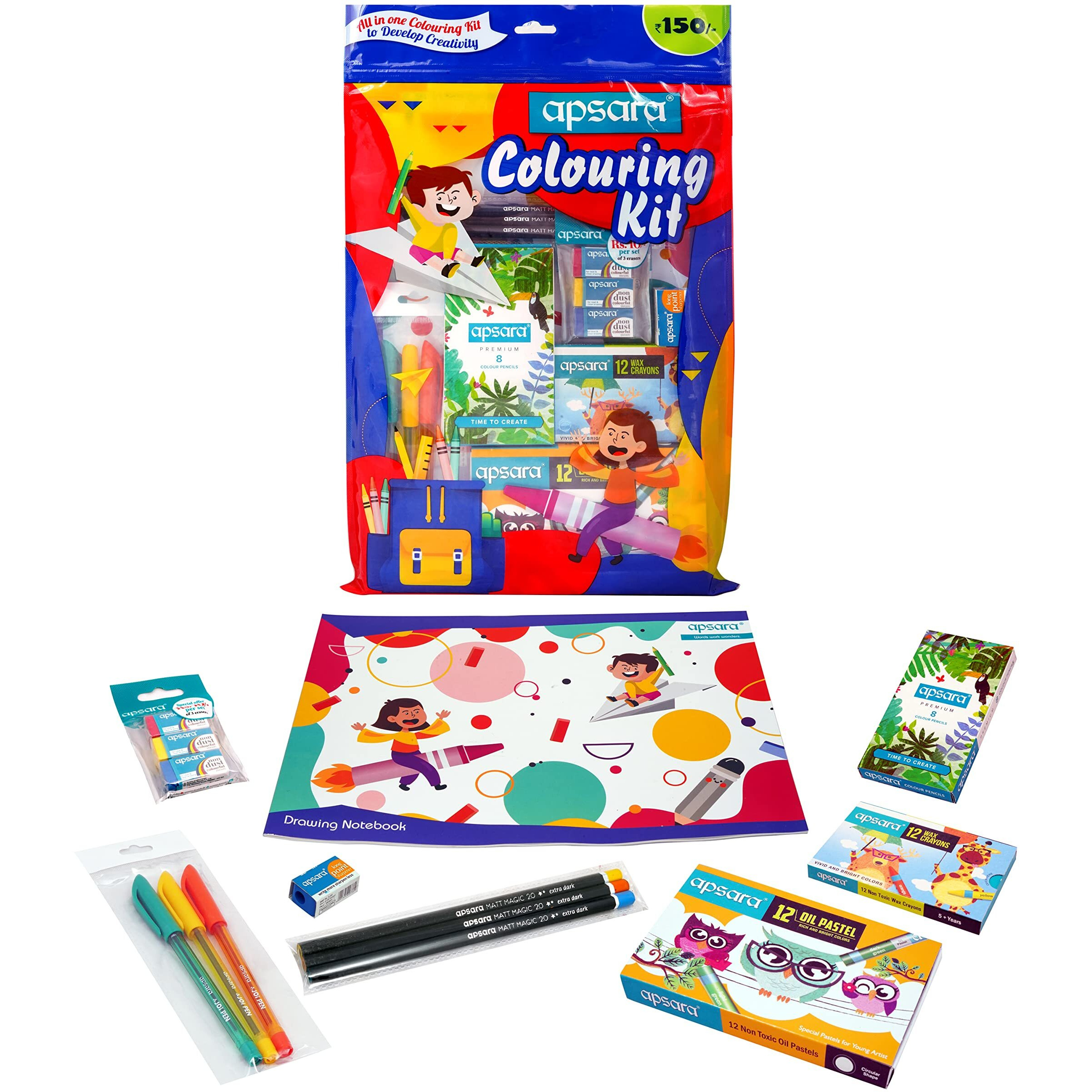 Apsara Colouring Kit | Ideal Gift Pack | Colouring Kit For Children | Kids Gifting Set | Complete Drawing Set | Fun Birthday Gift | Fun Children's Gift | Combo Of 7 Items - Multicolor