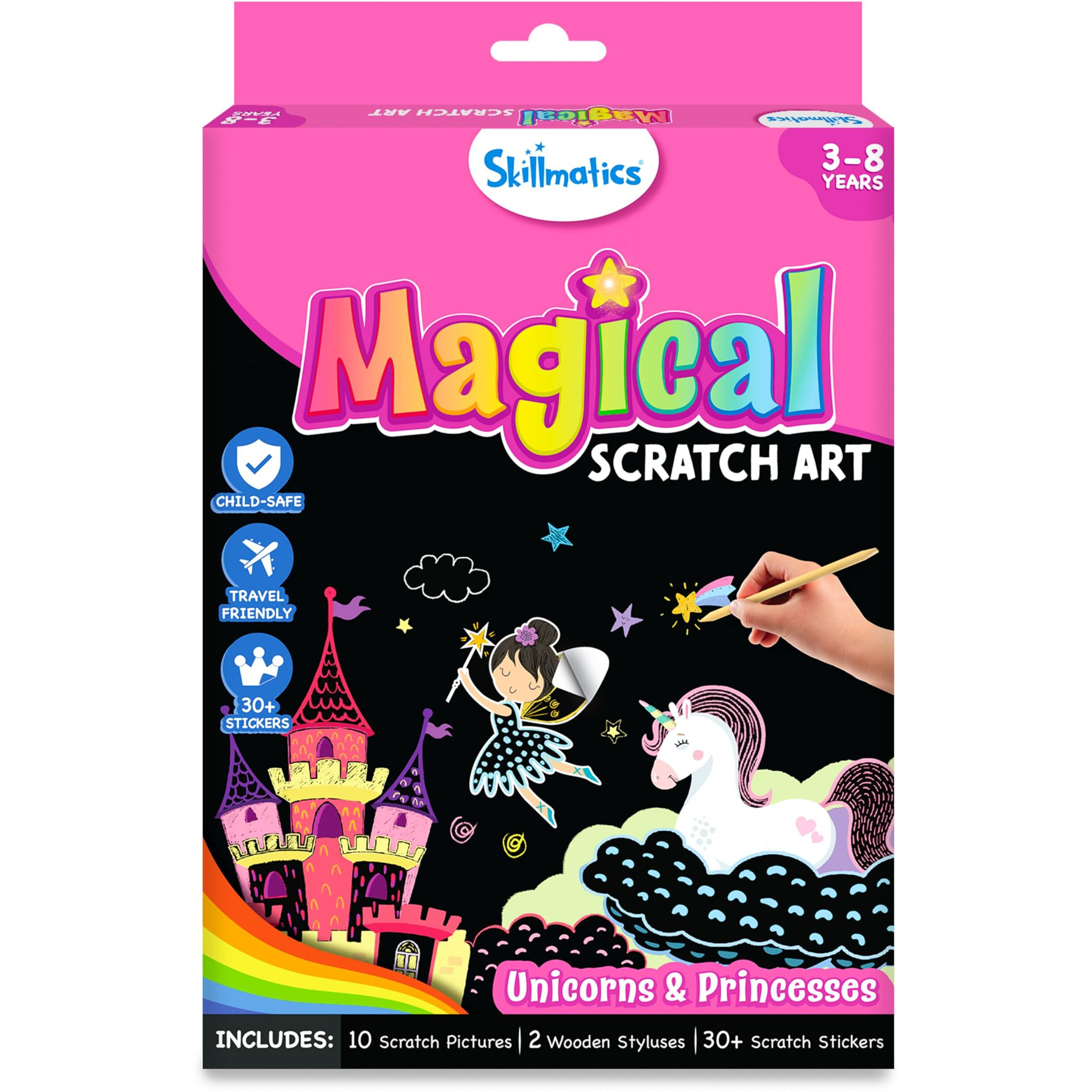 Skillmatics Scratch Art Book For Kids - Unicorns & Princesses, Craft Kits & Supplies, 30+ Scratch Stickers, Travel Toys, Diy Kit, Gifts For Girls & Boys Ages 3, 4, 5, 6, 7, 8, Multicolor