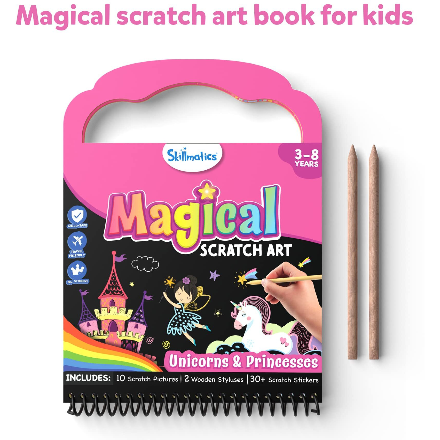 Skillmatics Scratch Art Book For Kids - Unicorns & Princesses, Craft Kits & Supplies, 30+ Scratch Stickers, Travel Toys, Diy Kit, Gifts For Girls & Boys Ages 3, 4, 5, 6, 7, 8, Multicolor
