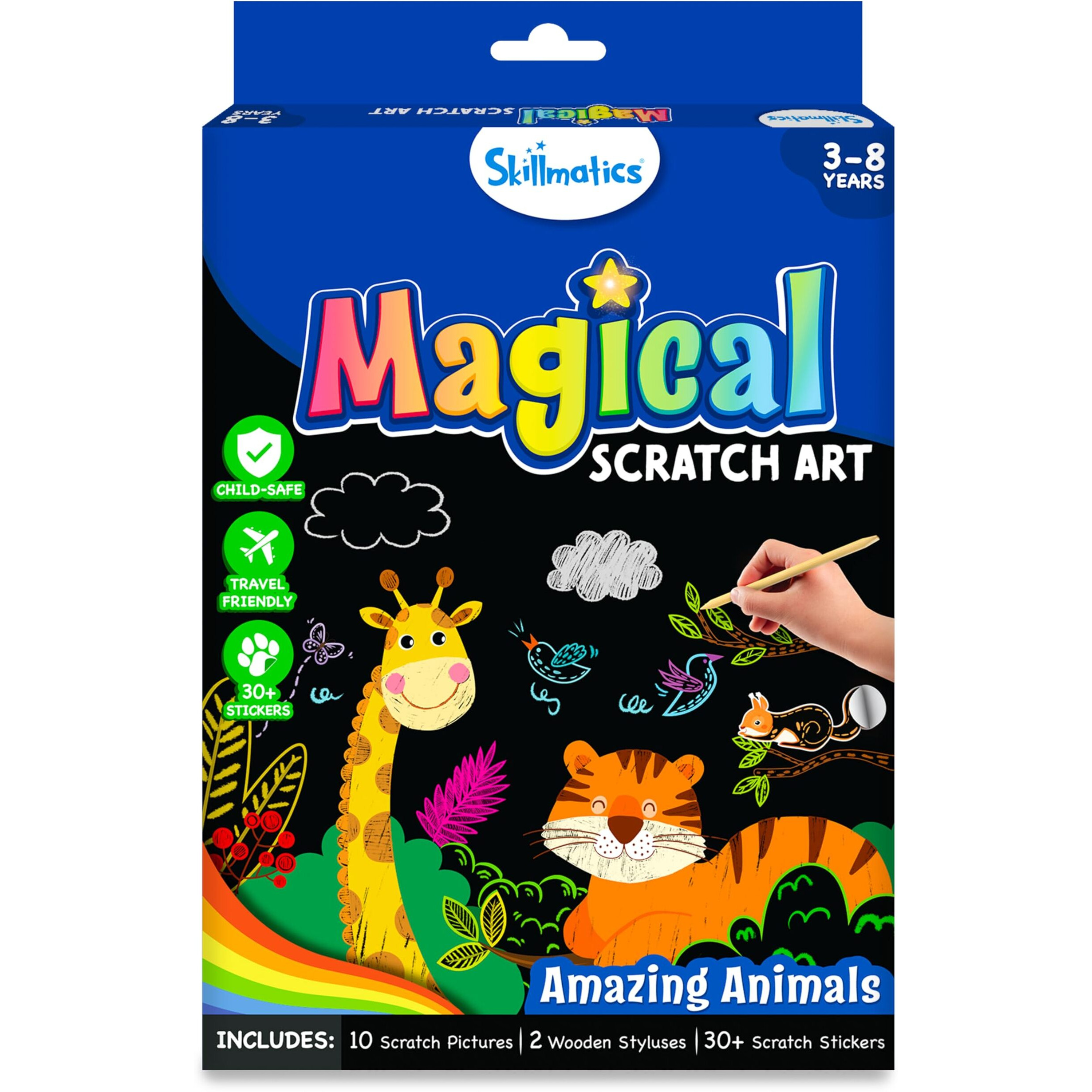 Skillmatics Scratch Art Book For Kids - Animals, Craft Kits & Supplies, 30+ Scratch Stickers, Travel Toys, Diy Kit, Gifts For Boys & Girls Ages 3, 4, 5, 6, 7, 8, Multicolour