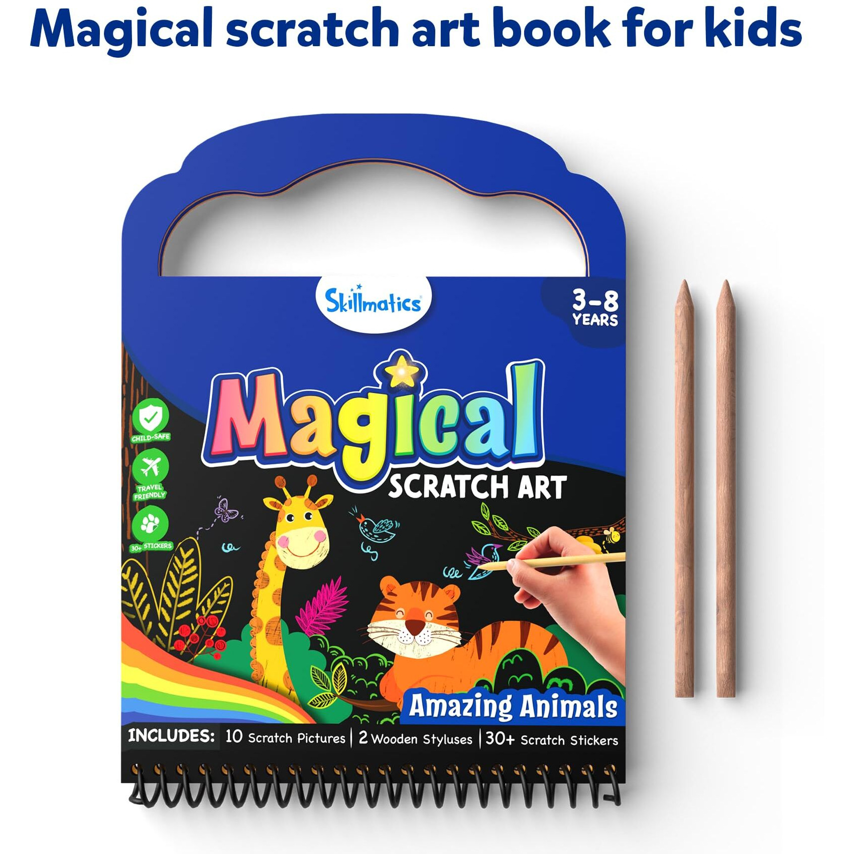 Skillmatics Scratch Art Book For Kids - Animals, Craft Kits & Supplies, 30+ Scratch Stickers, Travel Toys, Diy Kit, Gifts For Boys & Girls Ages 3, 4, 5, 6, 7, 8, Multicolour