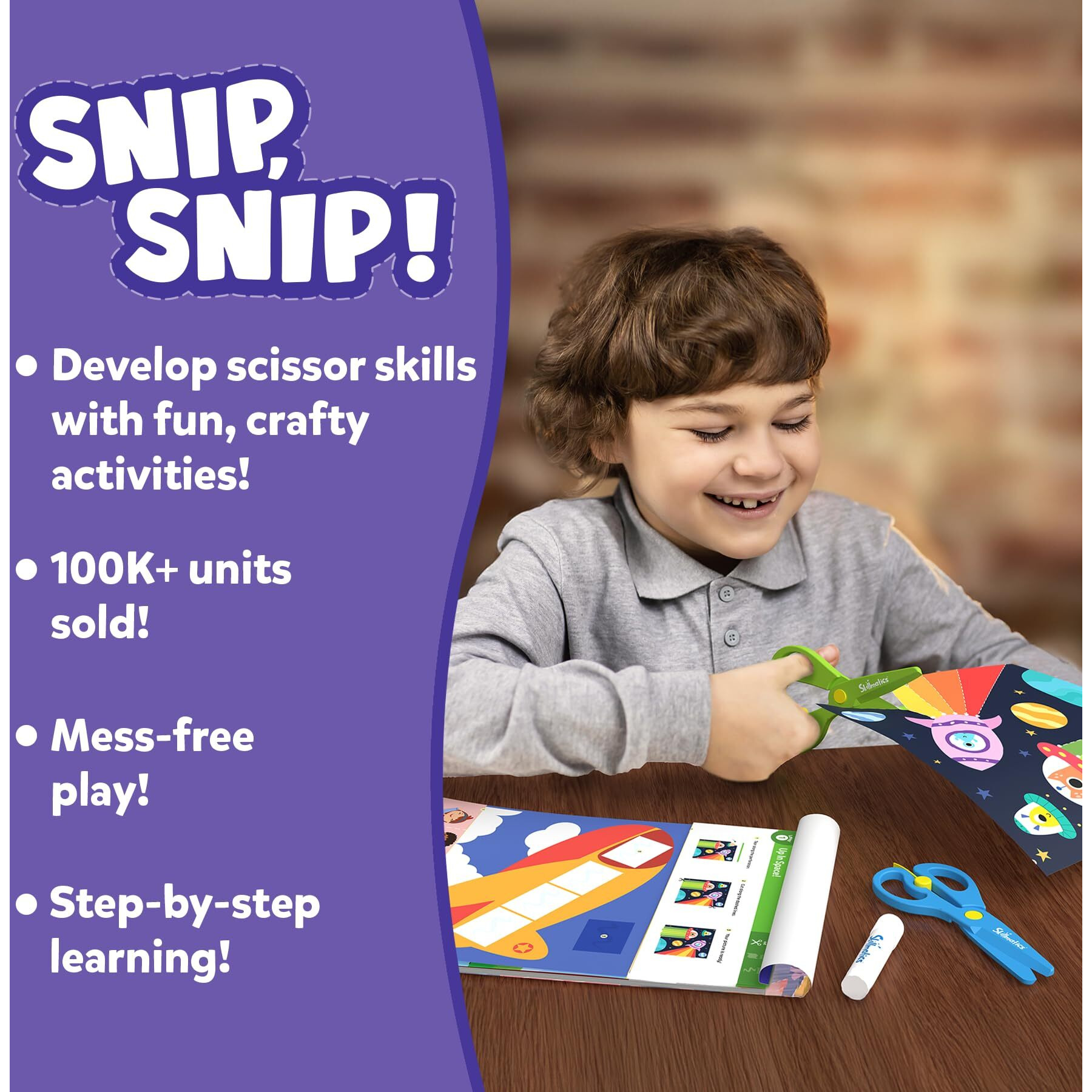Skillmatics Scissor Skills Activity Book - Snip Snip, 25 Fun Cutting & Creative Activities For Preschoolers, 2 Child-Safe Scissors, Fine Motor Skills Craft Kit, Gifts For Kids Ages 3, 4, 5, 6, 7