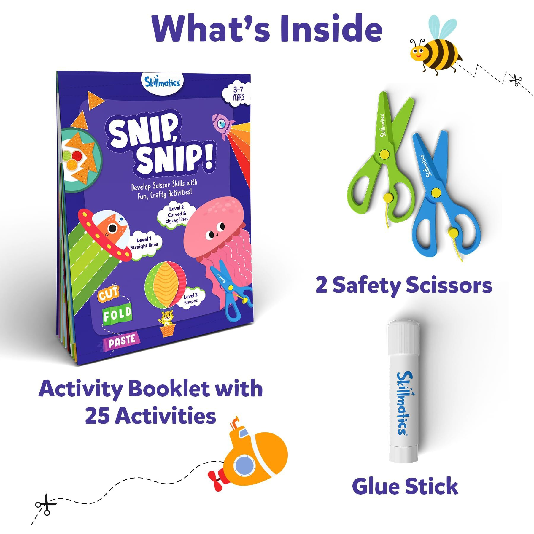 Skillmatics Scissor Skills Activity Book - Snip Snip, 25 Fun Cutting & Creative Activities For Preschoolers, 2 Child-Safe Scissors, Fine Motor Skills Craft Kit, Gifts For Kids Ages 3, 4, 5, 6, 7