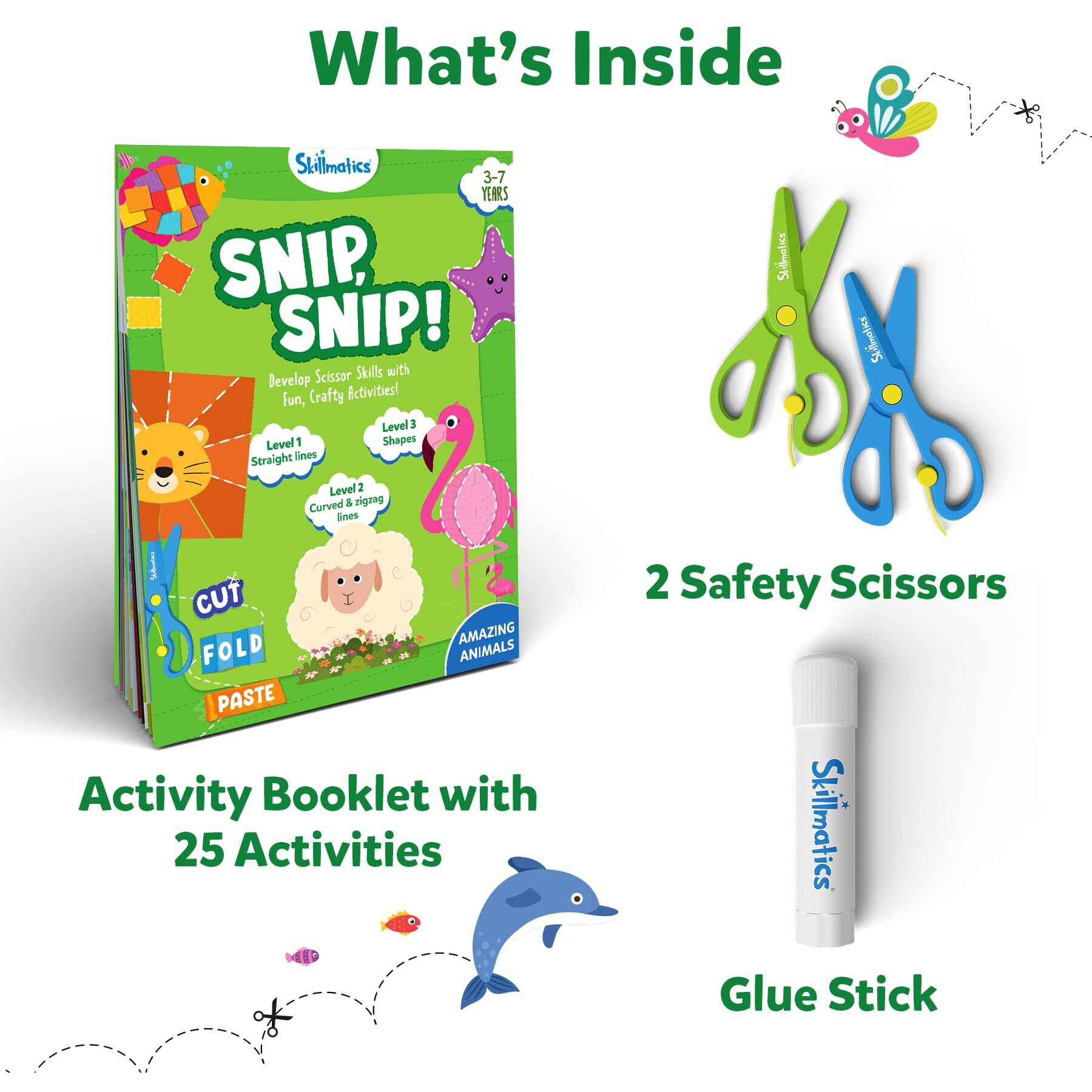 Skillmatics Paper Scissor Activity Book Snip Snip 25 Fun Cutting & Creative Activities For Preschoolers 2 Child-Safe Scissors Fine Motor Skills Craft Kit For Kids Ages 3, 4, 5, 6, 7 Multicolour
