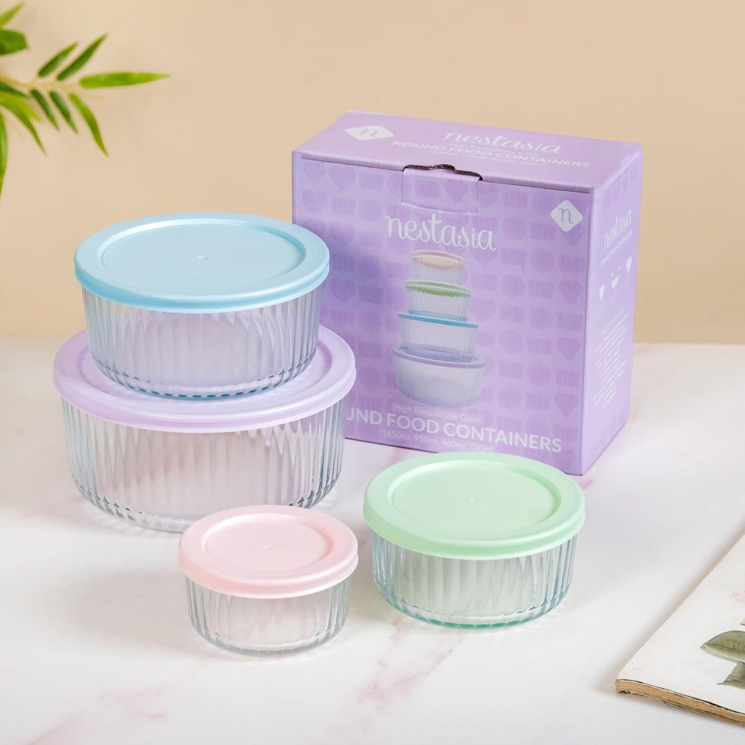 Nestasia Food Safe Glass Containers With Lid Set Of 4 (Xs-230Ml, S-460Ml, M-950Ml, L-1650Ml), Borosilicate Glass Containers For Fridge Storage, Microwave, Dishwasher & Refrigerator Safe, Transparent