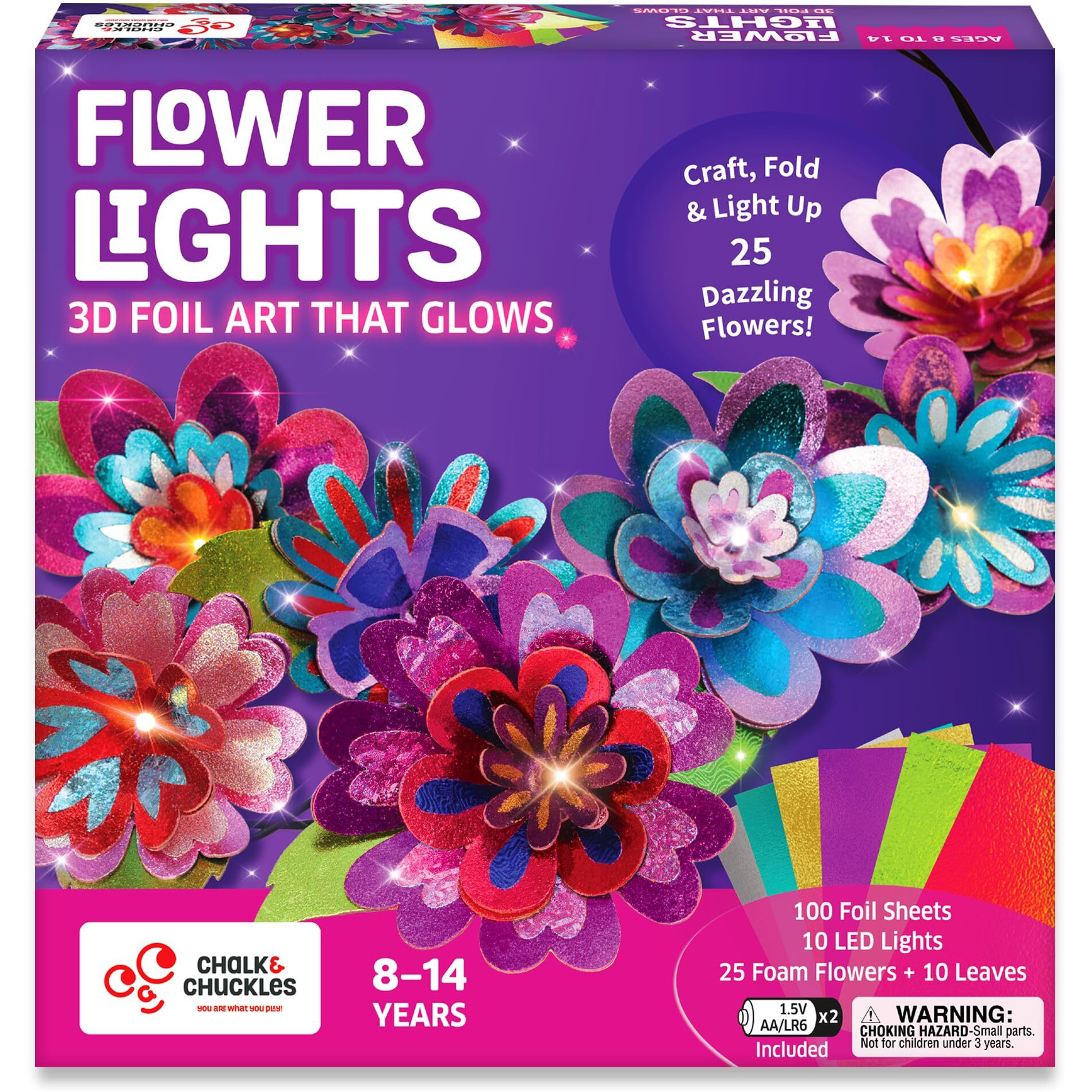 Chalk And Chuckles Flower Lights- Diy 3D Foil Art And Craft Kit For Girls 9-12, Make Led String With 10 Bulbs, Mess Free Festival Activity & Diwali Room Decor, Birthday Gift For Kids Age 8+